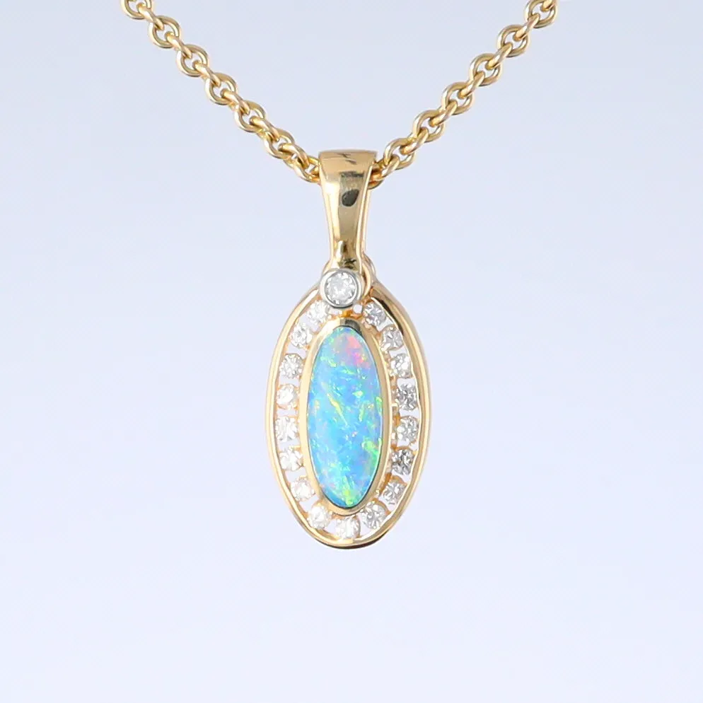 Opal Pendant Oval Inlaid Design with .22ctw Round Diamonds Halo