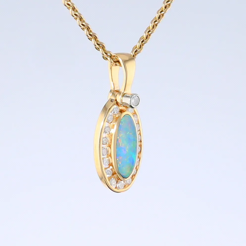 Opal Pendant Oval Inlaid Design with .22ctw Round Diamonds Halo