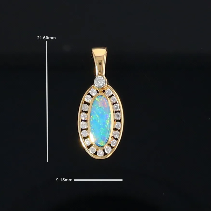 Opal Pendant Oval Inlaid Design with .22ctw Round Diamonds Halo
