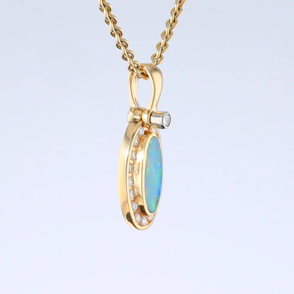 Opal Pendant Oval Inlaid Design with .22ctw Round Diamonds Halo