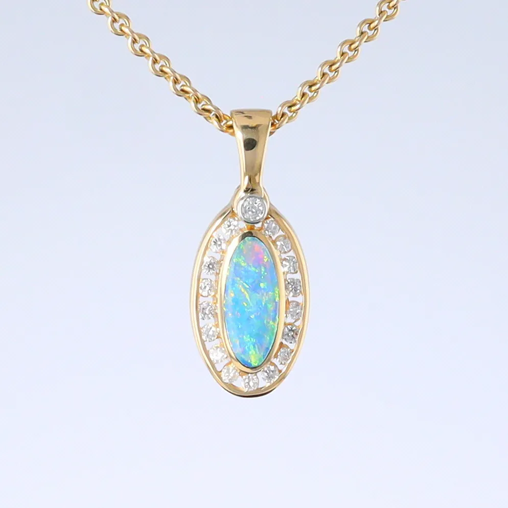 Opal Pendant Oval Inlaid Design with .22ctw Round Diamonds Halo