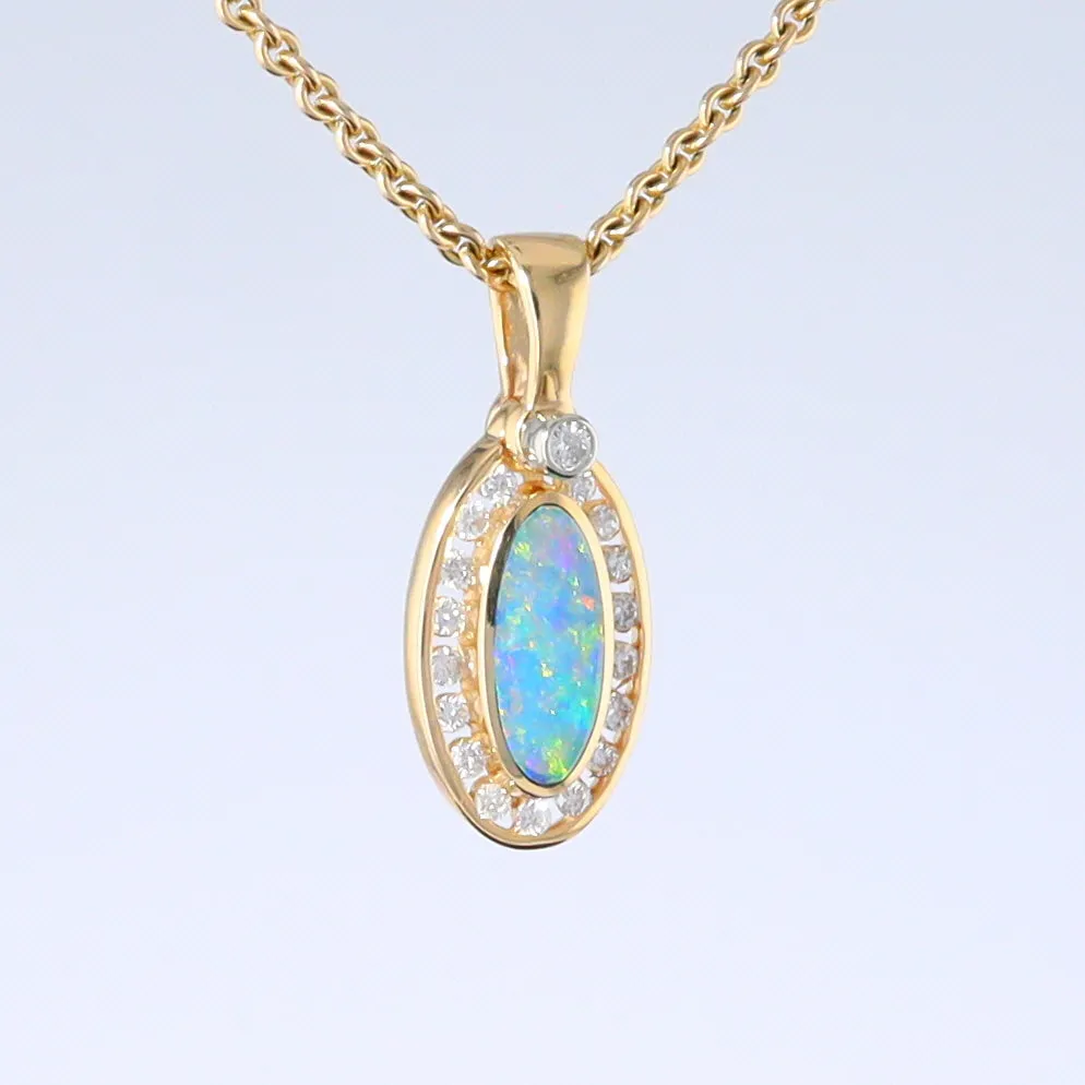 Opal Pendant Oval Inlaid Design with .22ctw Round Diamonds Halo