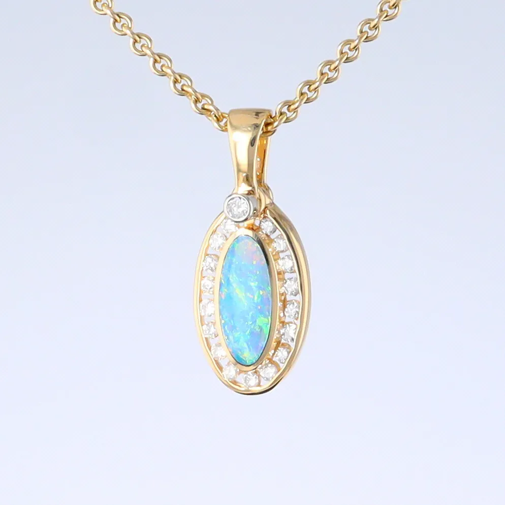 Opal Pendant Oval Inlaid Design with .22ctw Round Diamonds Halo