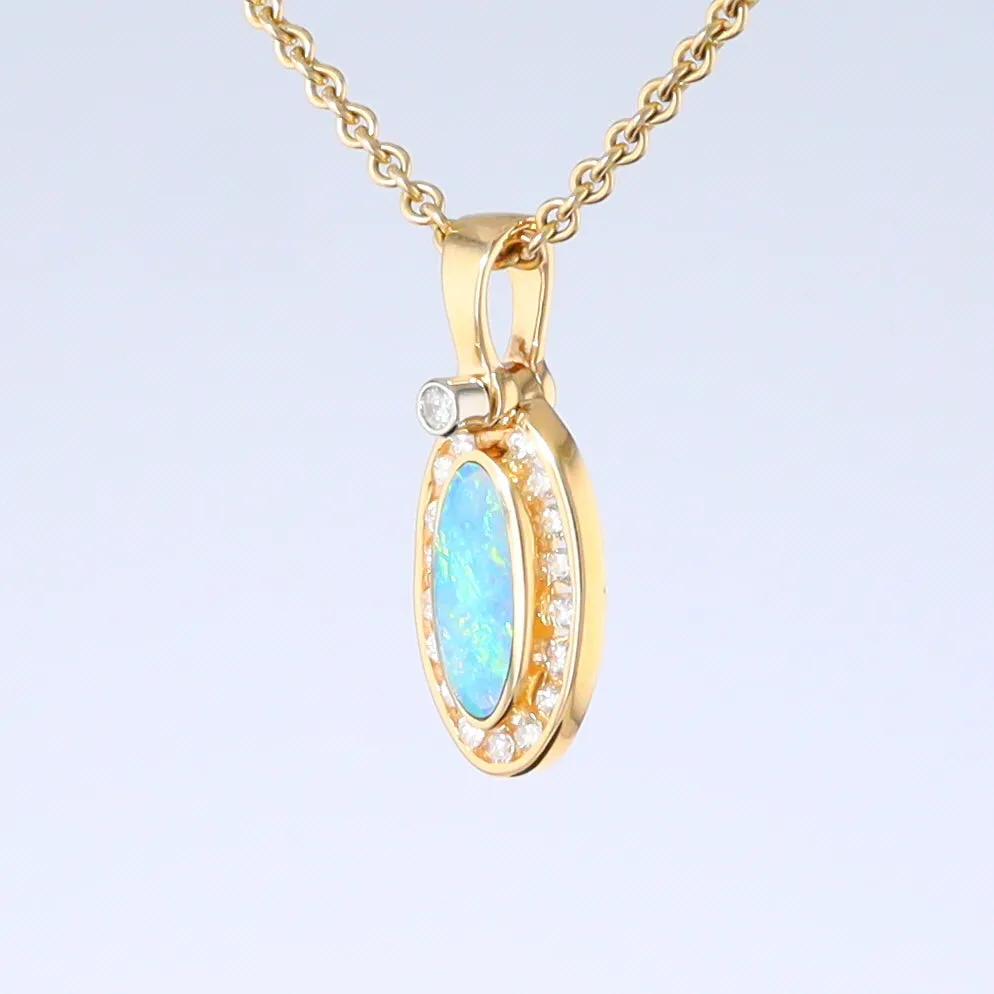 Opal Pendant Oval Inlaid Design with .22ctw Round Diamonds Halo