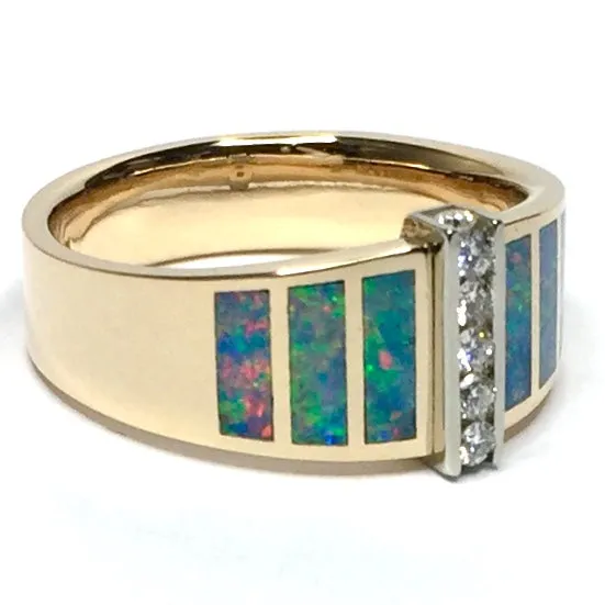 Opal Rings 6 Section Inlaid Design with .19ctw Round Diamonds