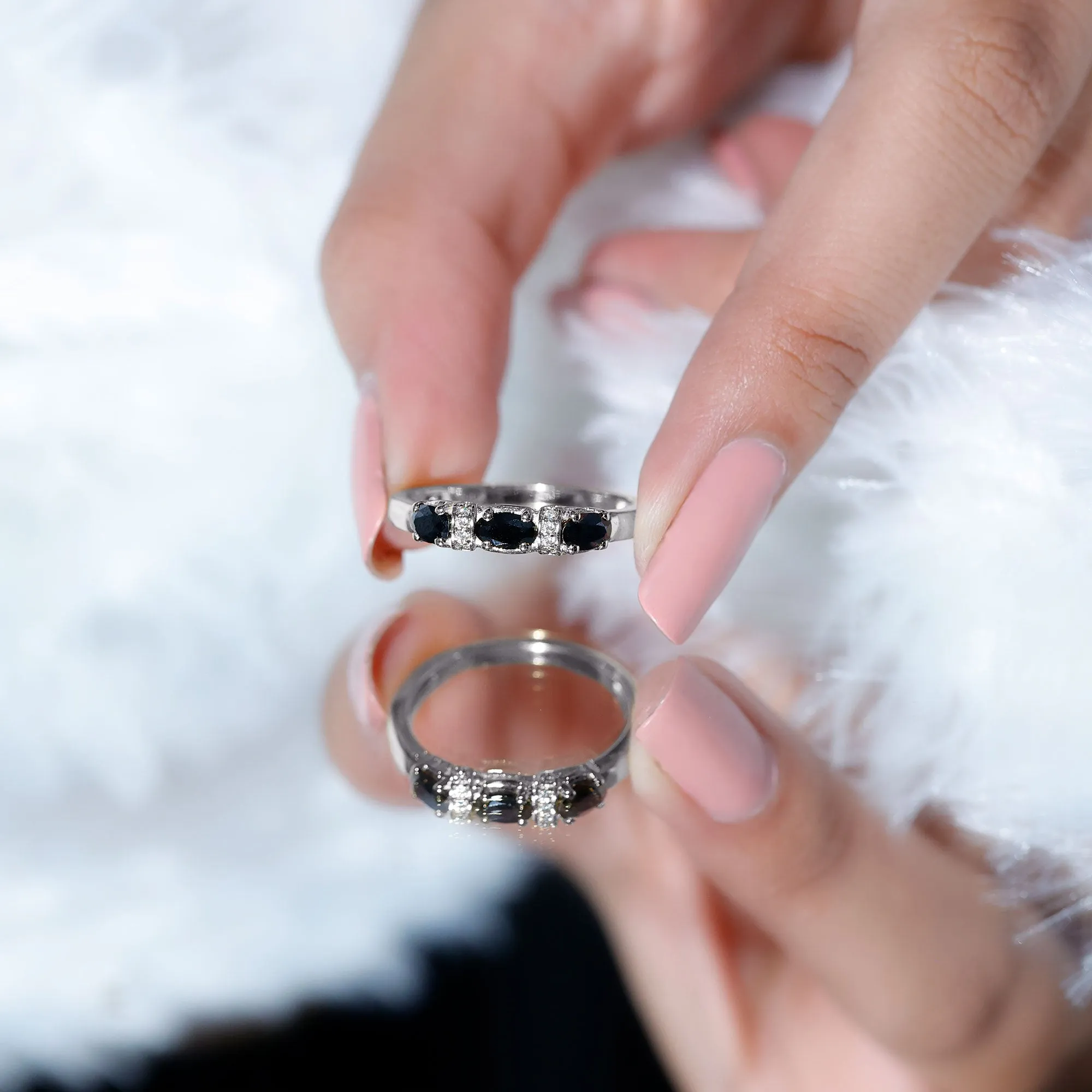 Oval Black Onyx East West Anniversary Band Ring with Diamond