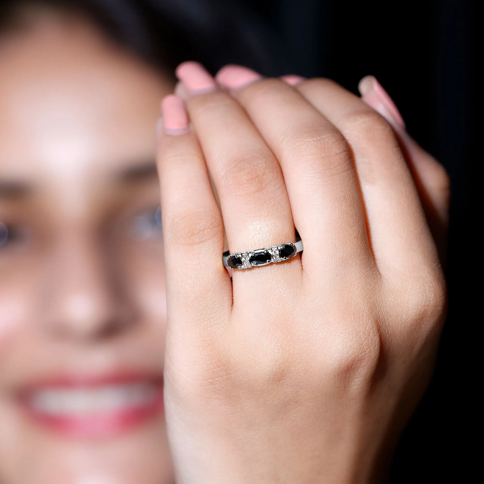Oval Black Onyx East West Anniversary Band Ring with Diamond
