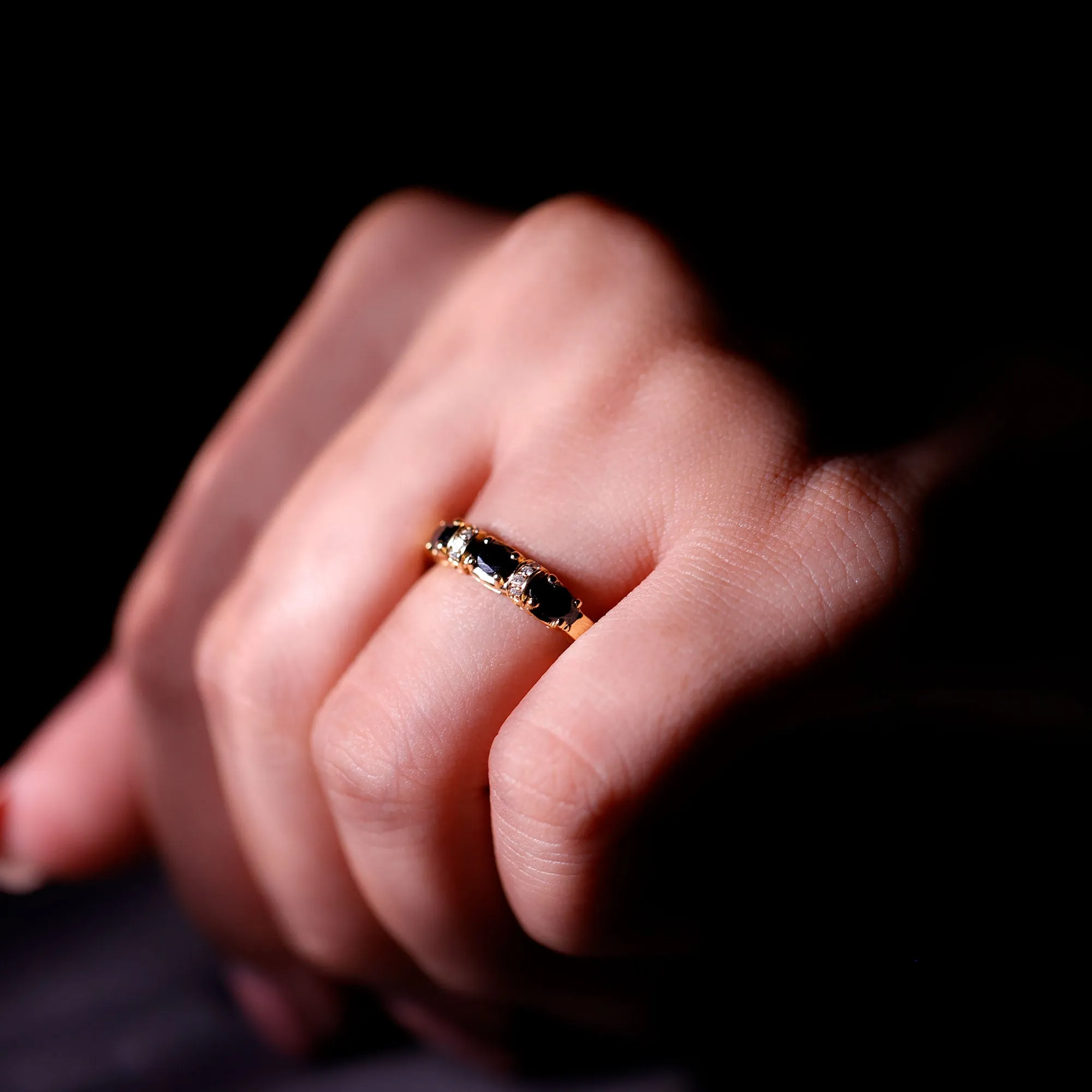 Oval Black Onyx East West Anniversary Band Ring with Diamond