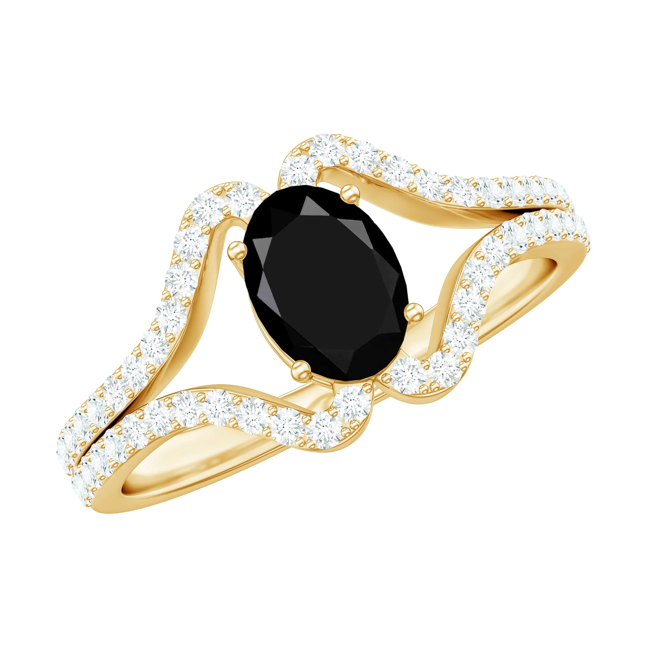 Oval Cut Black Spinel and Diamond Split Shank Ring