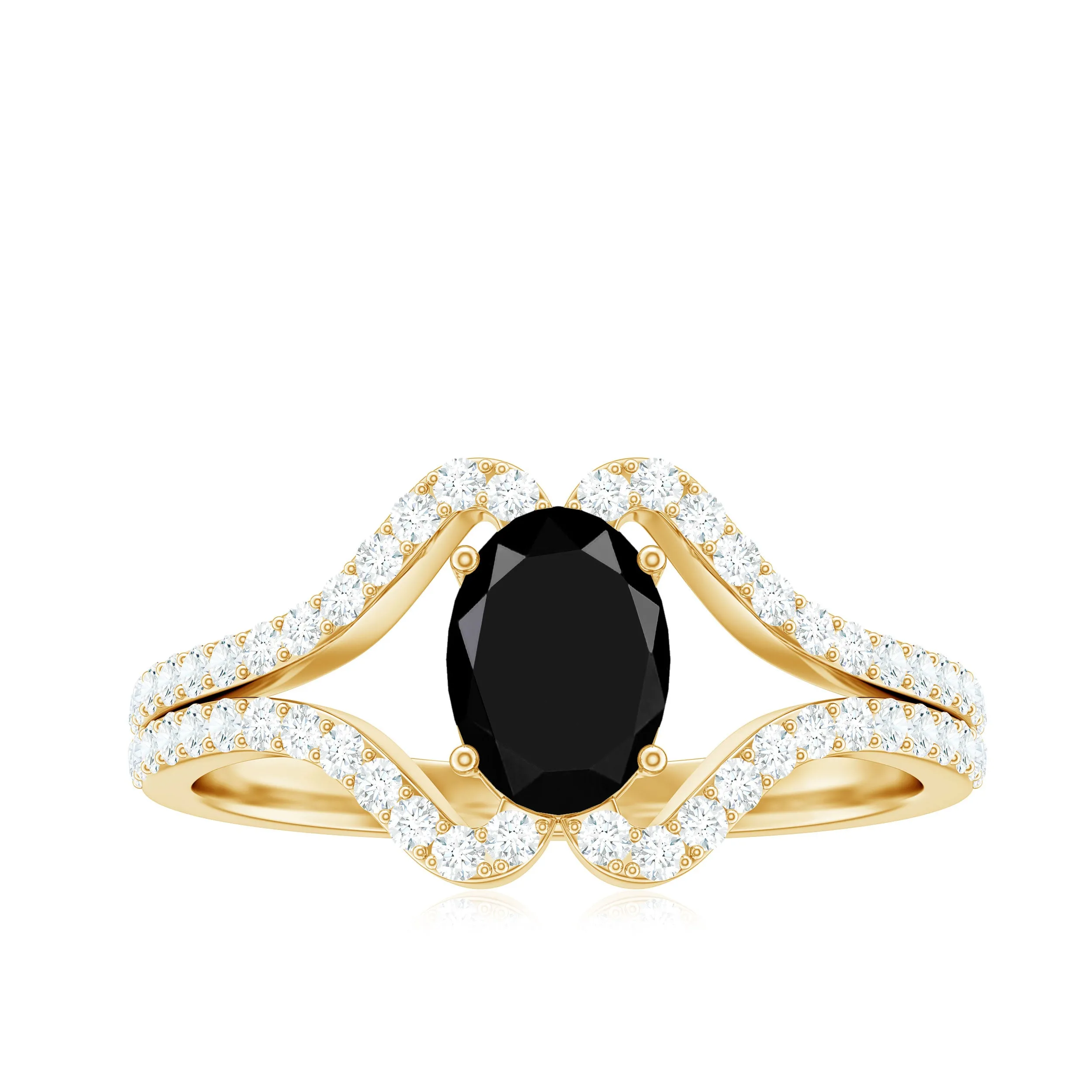 Oval Cut Black Spinel and Diamond Split Shank Ring
