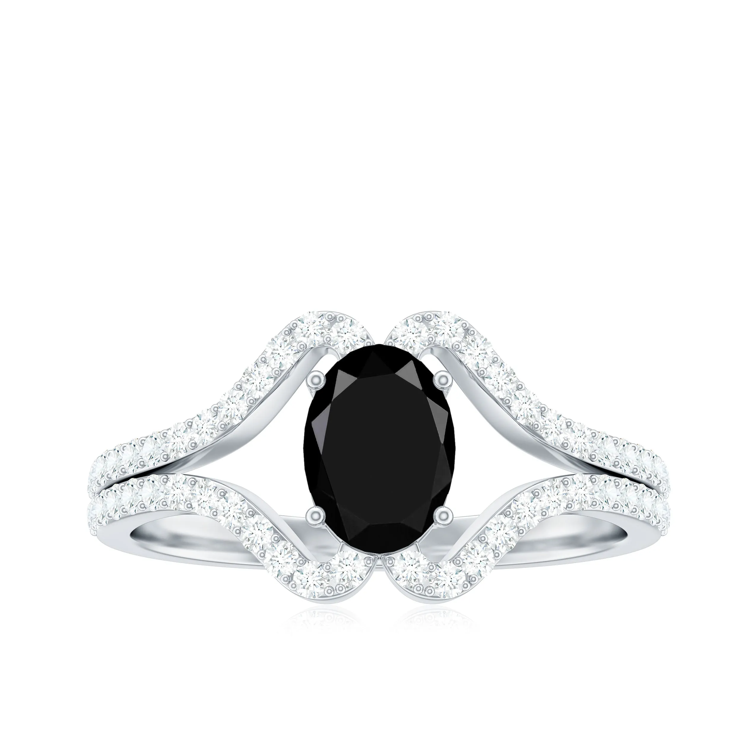 Oval Cut Black Spinel and Diamond Split Shank Ring