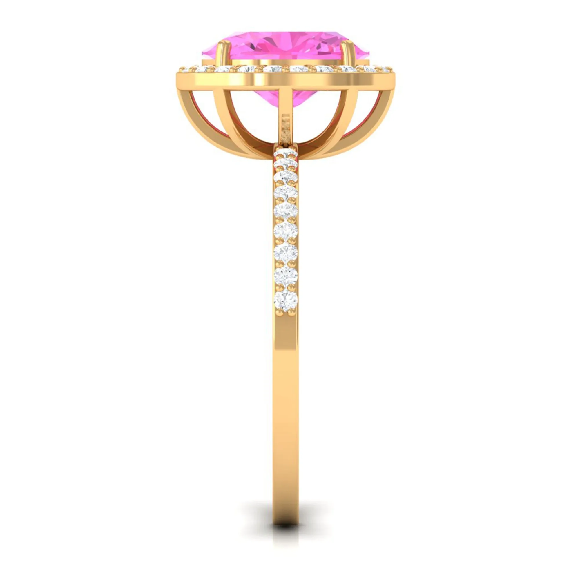 Oval Cut Created Pink Sapphire and Diamond Halo Ring