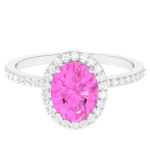 Oval Cut Created Pink Sapphire and Diamond Halo Ring