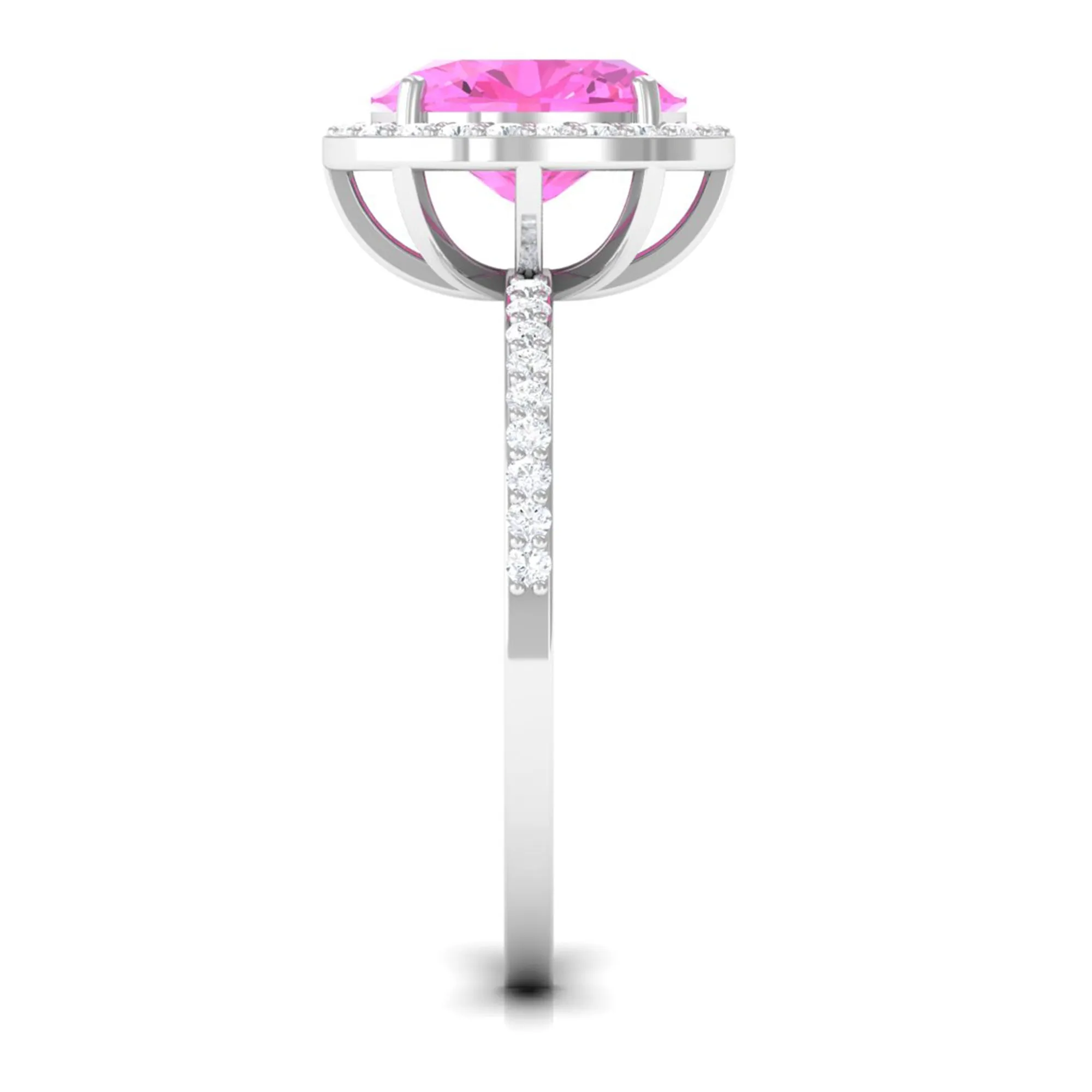 Oval Cut Created Pink Sapphire and Diamond Halo Ring