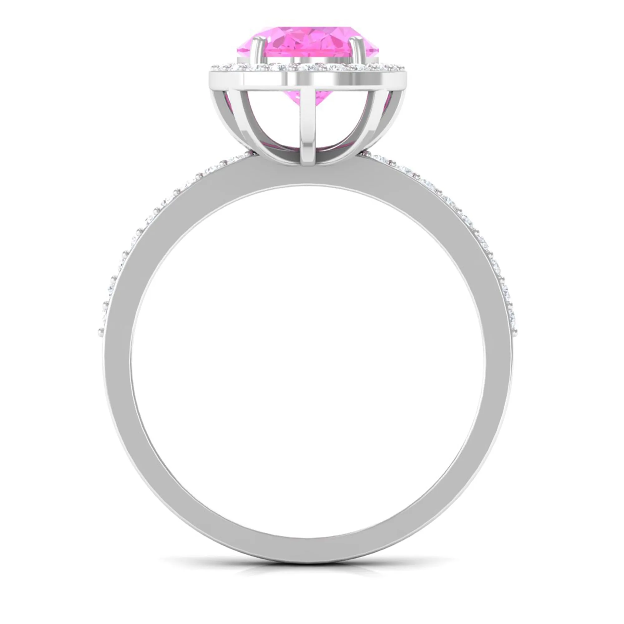 Oval Cut Created Pink Sapphire and Diamond Halo Ring