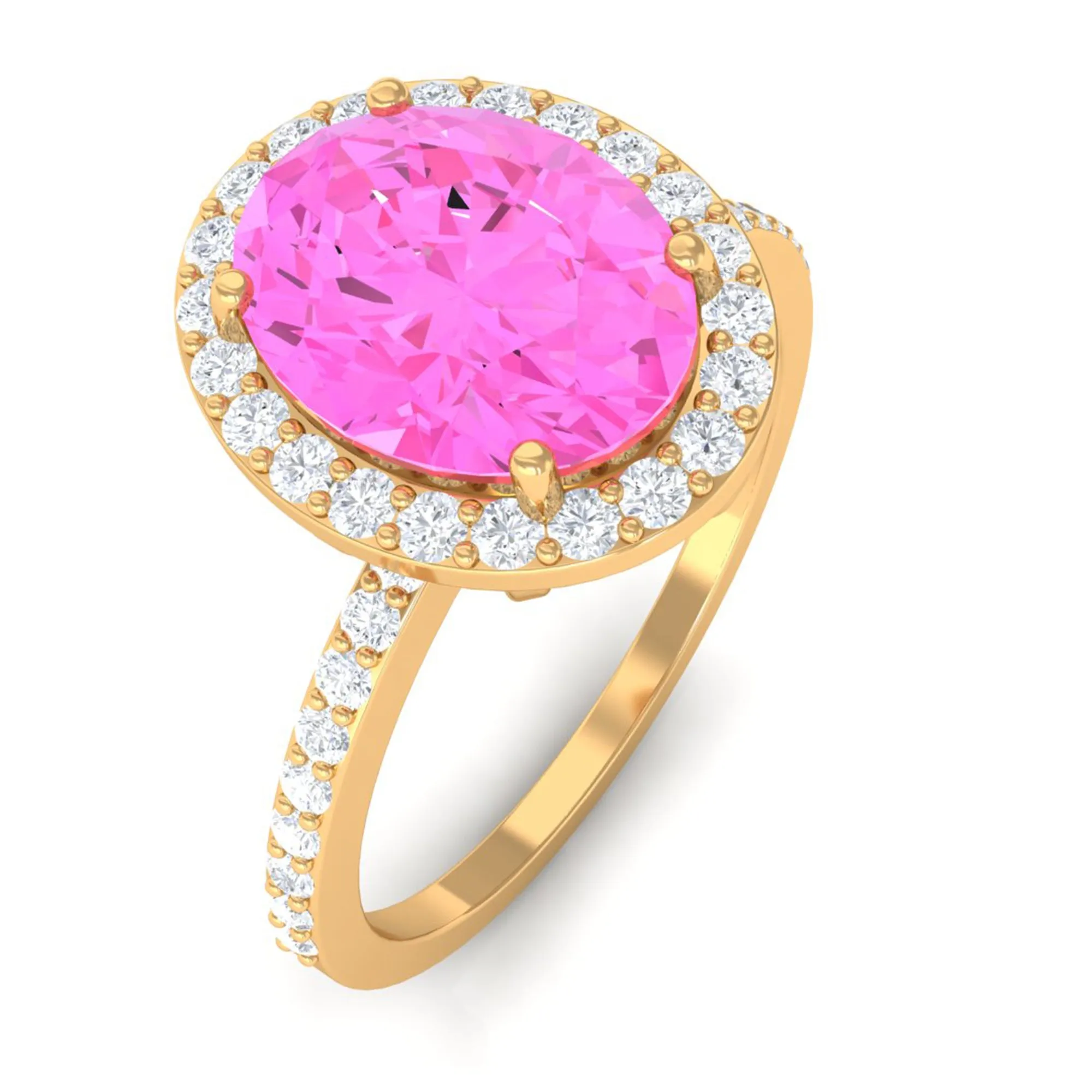 Oval Cut Created Pink Sapphire and Diamond Halo Ring