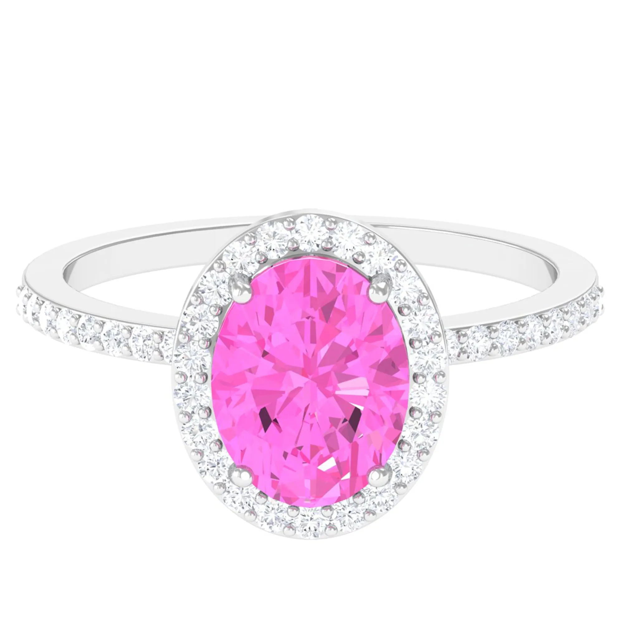 Oval Cut Created Pink Sapphire and Diamond Halo Ring