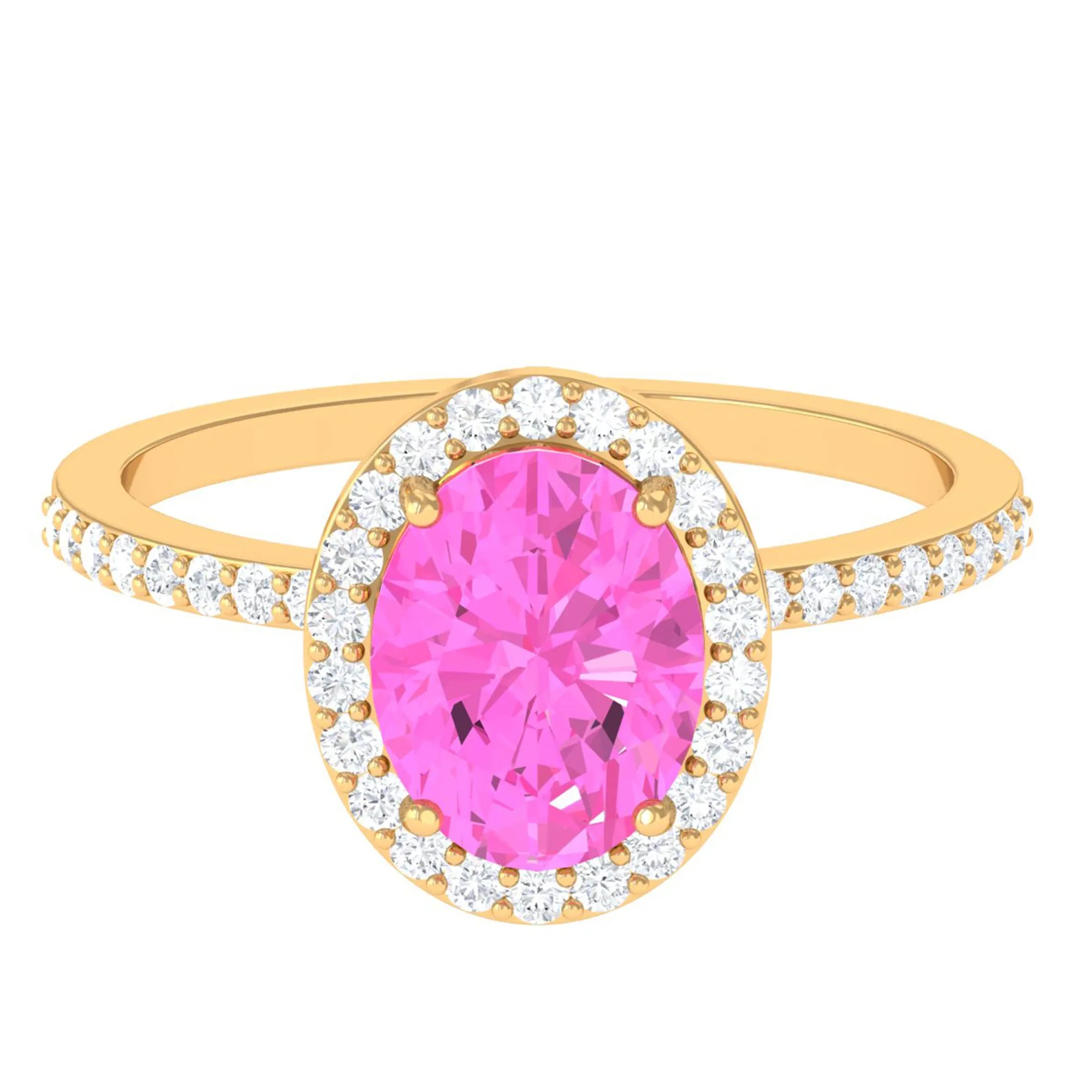 Oval Cut Created Pink Sapphire and Diamond Halo Ring