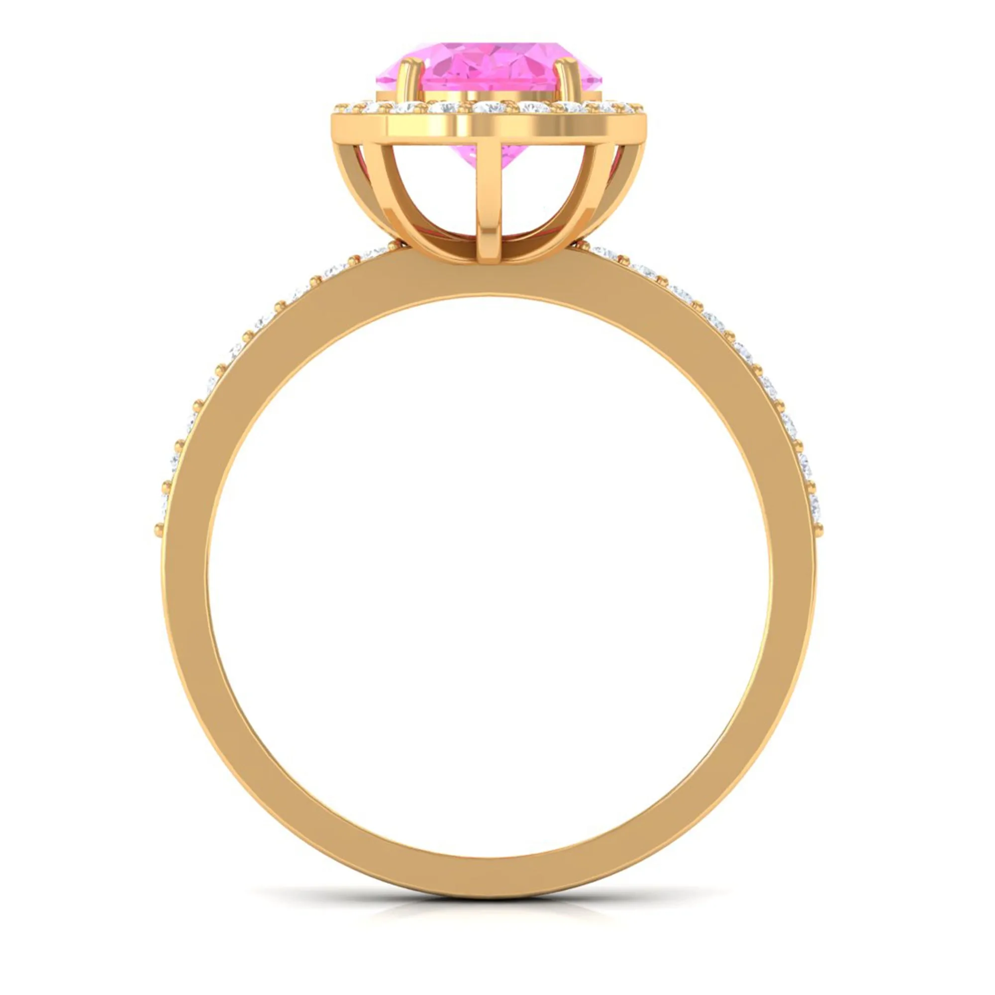 Oval Cut Created Pink Sapphire and Diamond Halo Ring