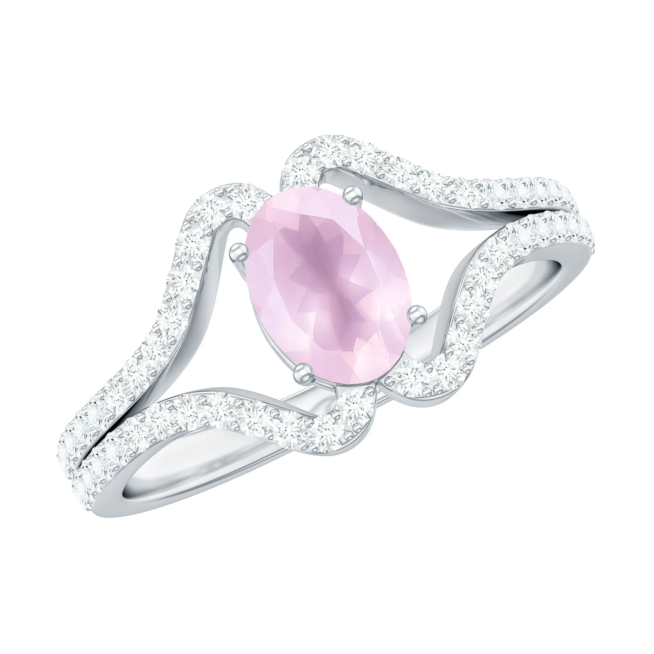 Oval Cut Rose Quartz and Diamond Ring with Split Shank