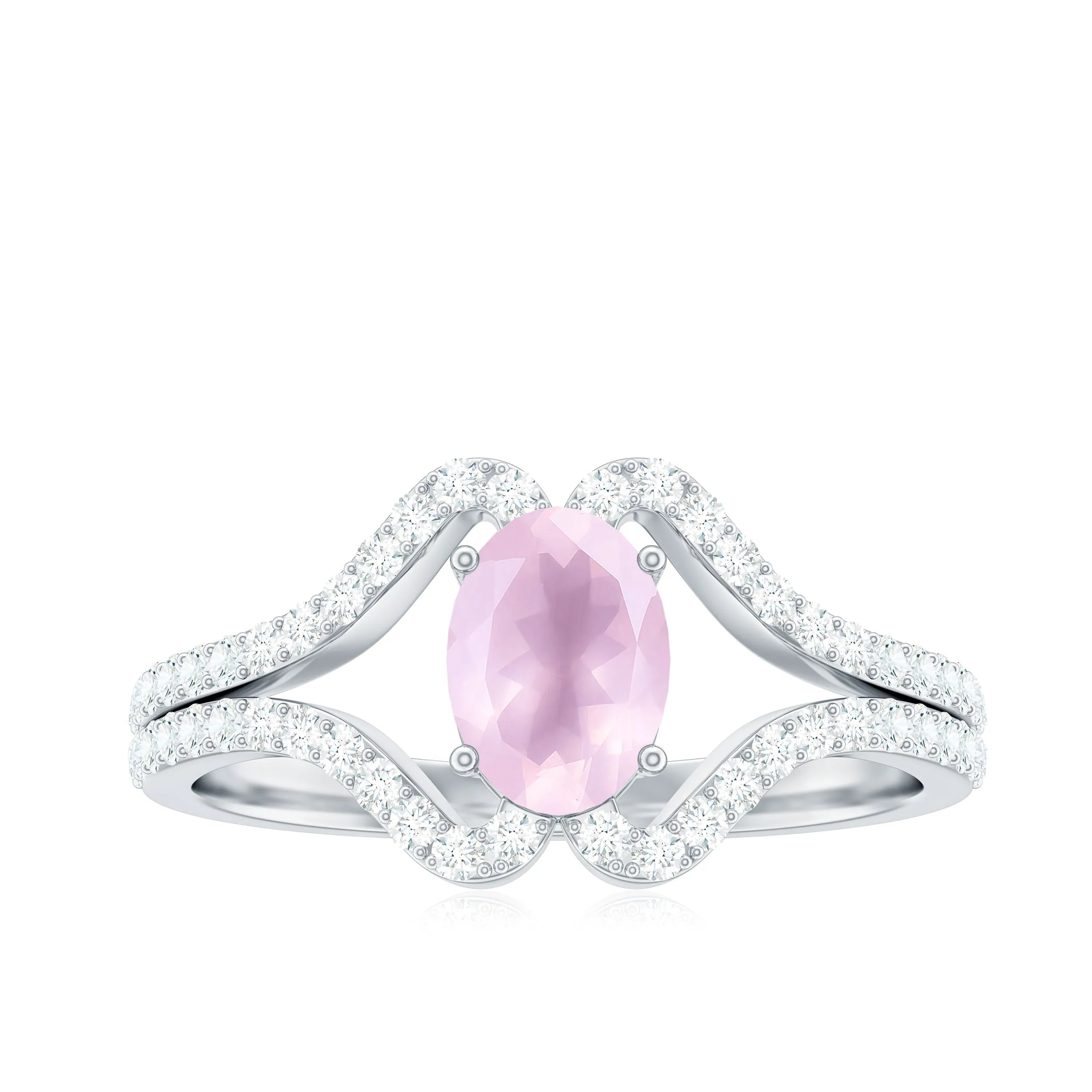 Oval Cut Rose Quartz and Diamond Ring with Split Shank