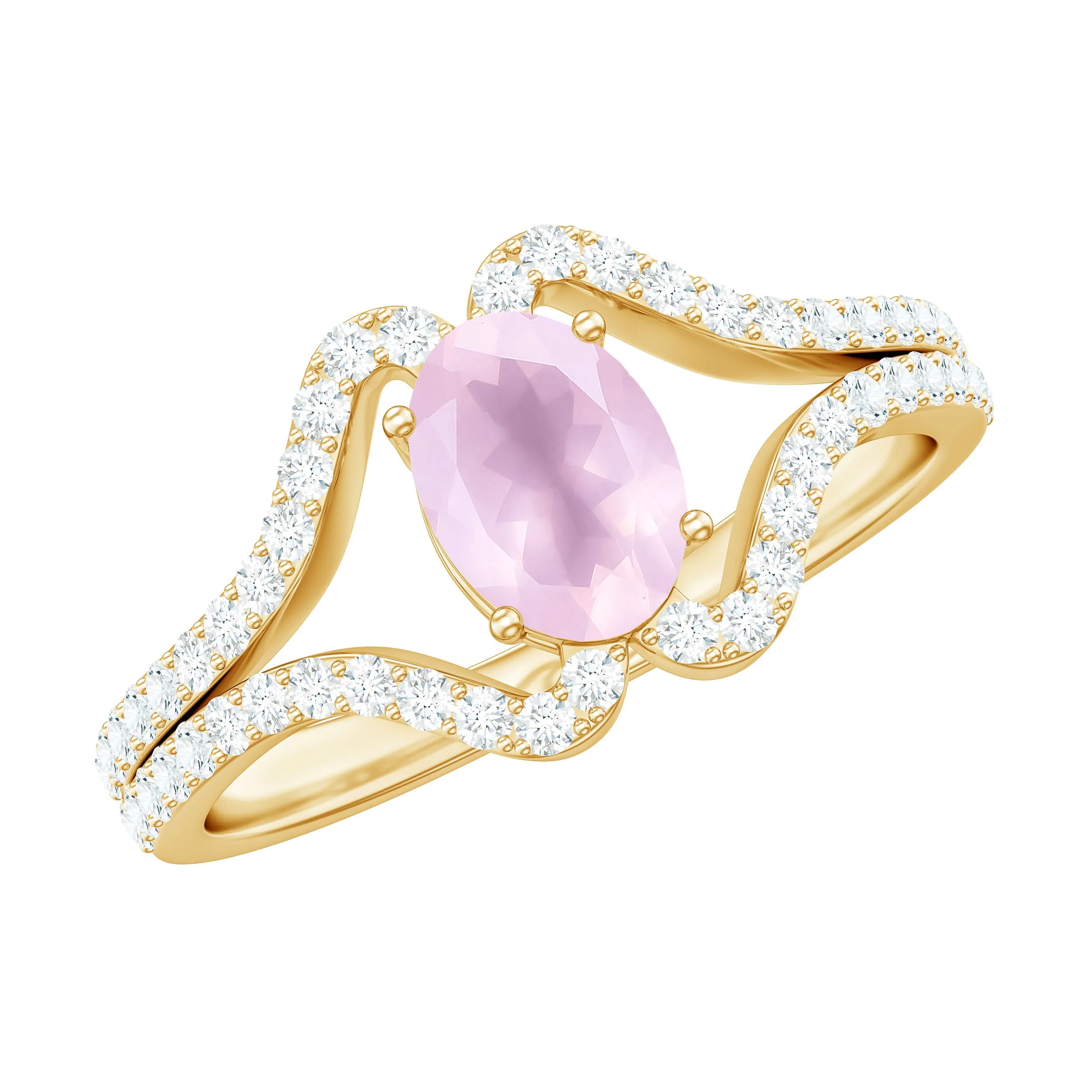 Oval Cut Rose Quartz and Diamond Ring with Split Shank