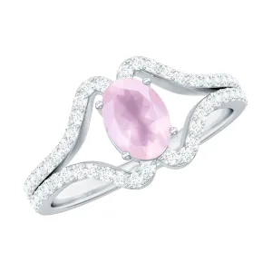 Oval Cut Rose Quartz and Diamond Ring with Split Shank