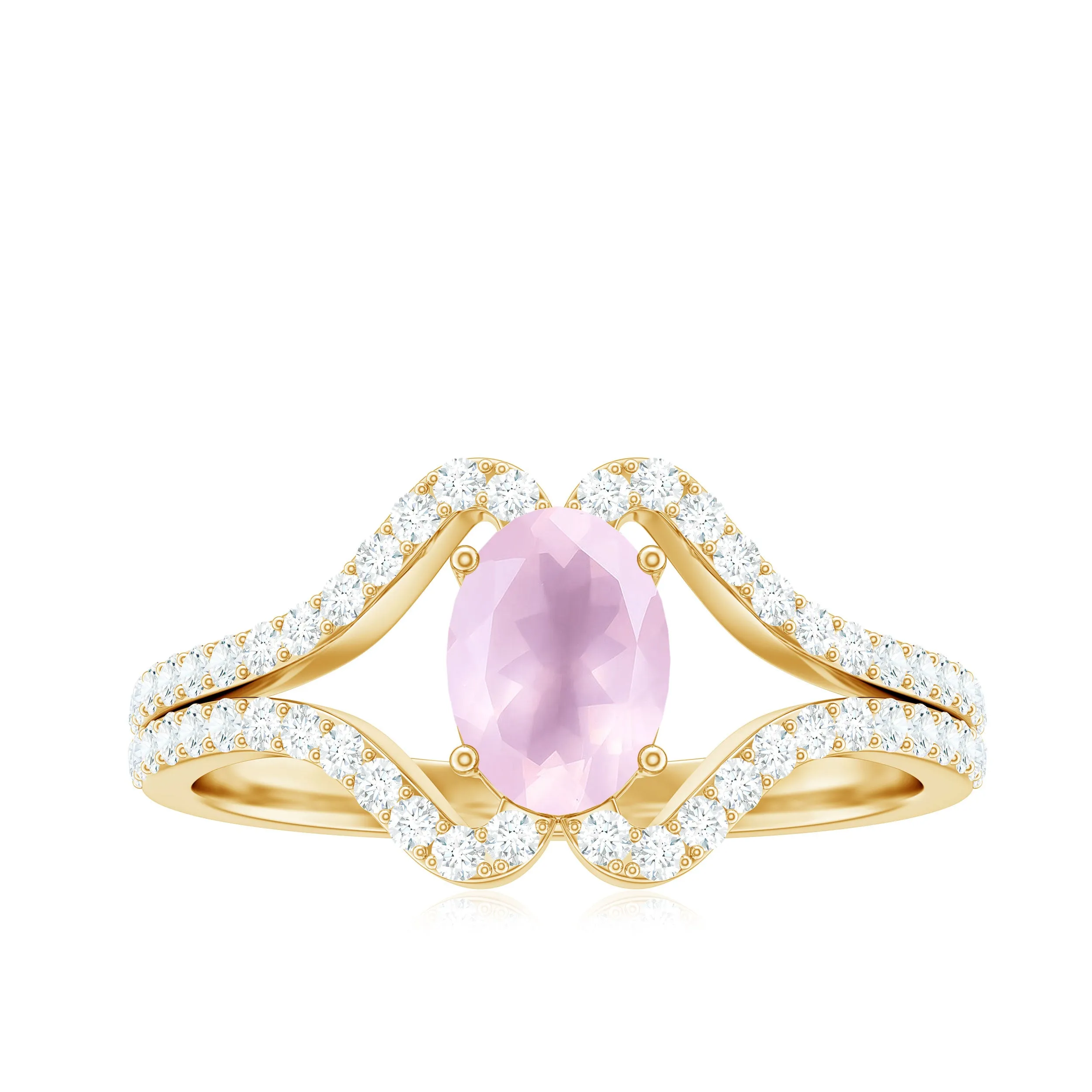 Oval Cut Rose Quartz and Diamond Ring with Split Shank