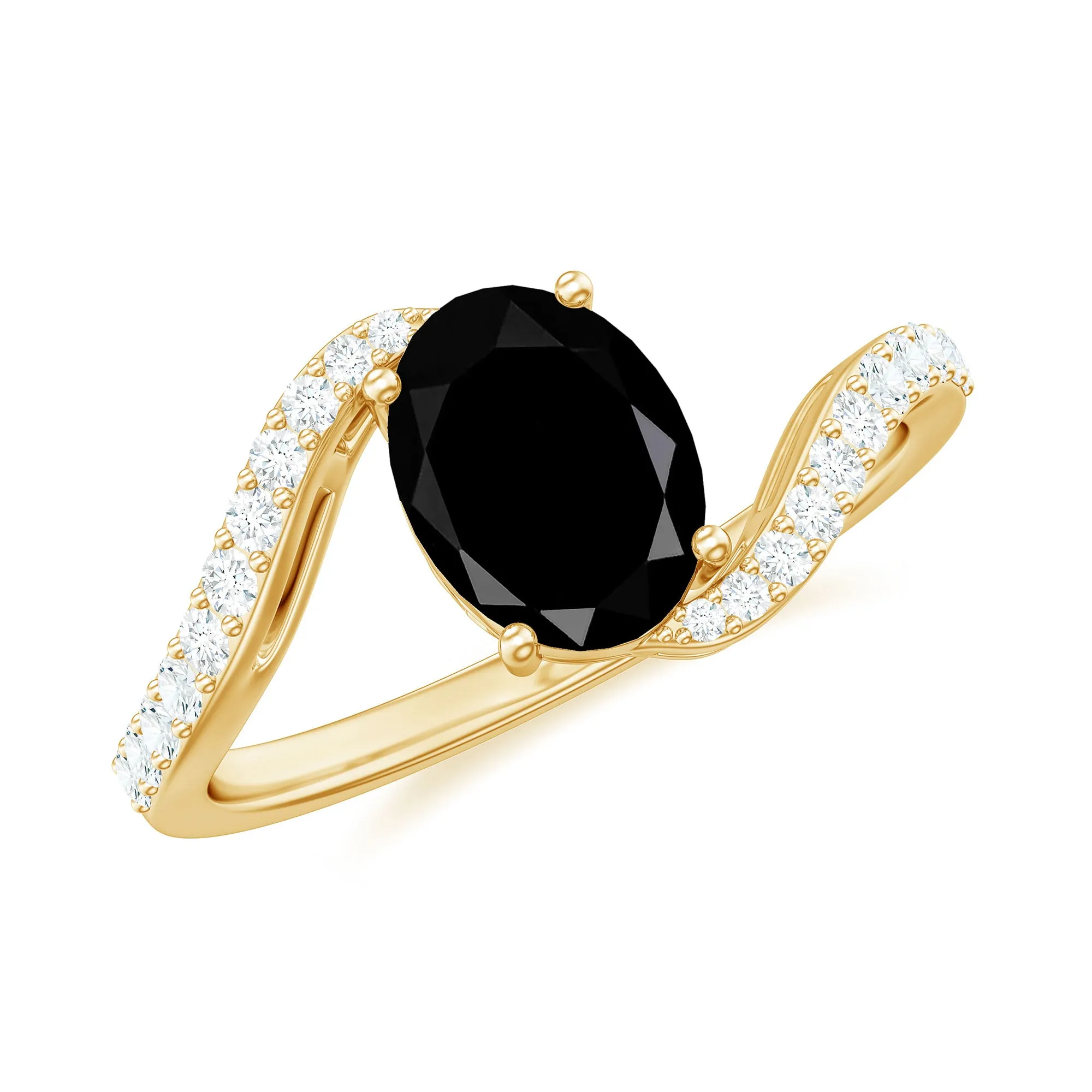 Oval Cut Solitaire Black Spinel Bypass Ring with Diamond