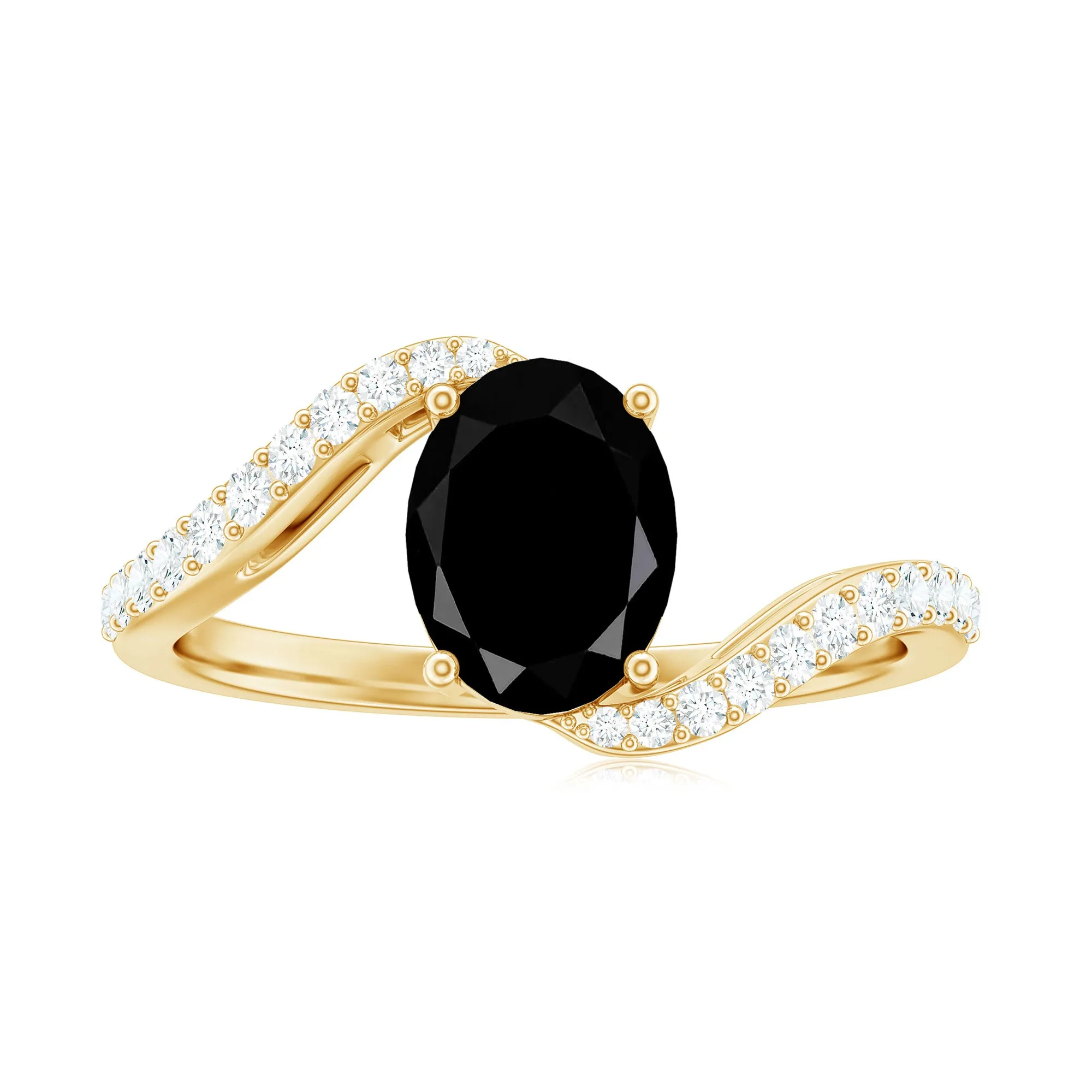 Oval Cut Solitaire Black Spinel Bypass Ring with Diamond