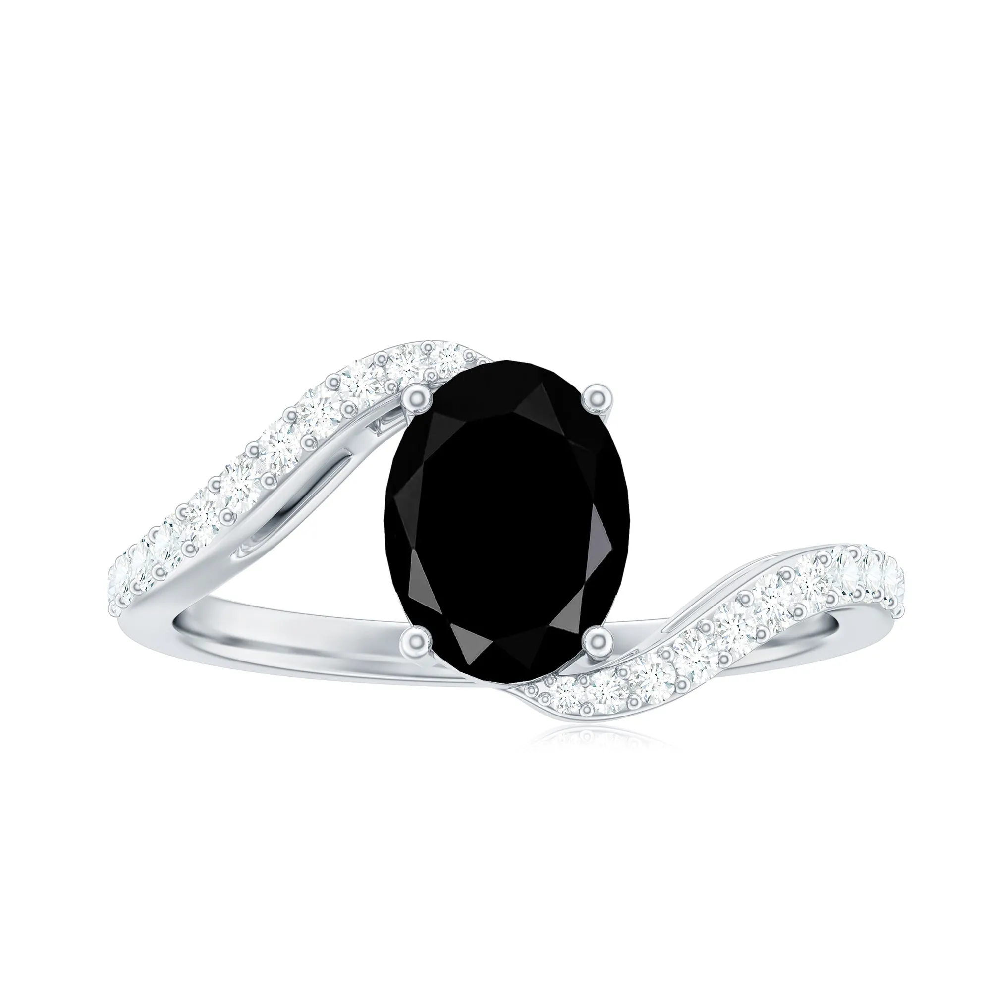 Oval Cut Solitaire Black Spinel Bypass Ring with Diamond