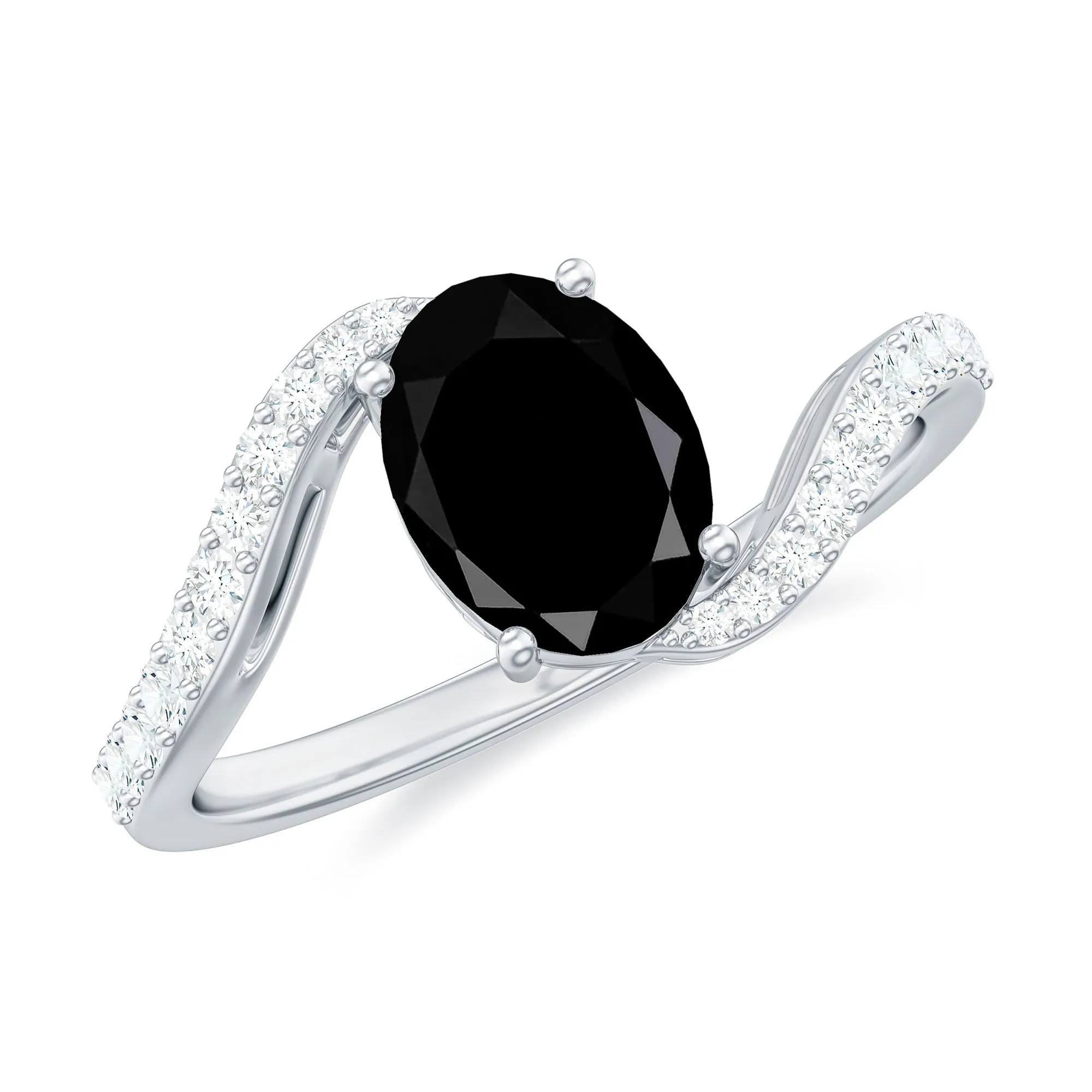 Oval Cut Solitaire Black Spinel Bypass Ring with Diamond