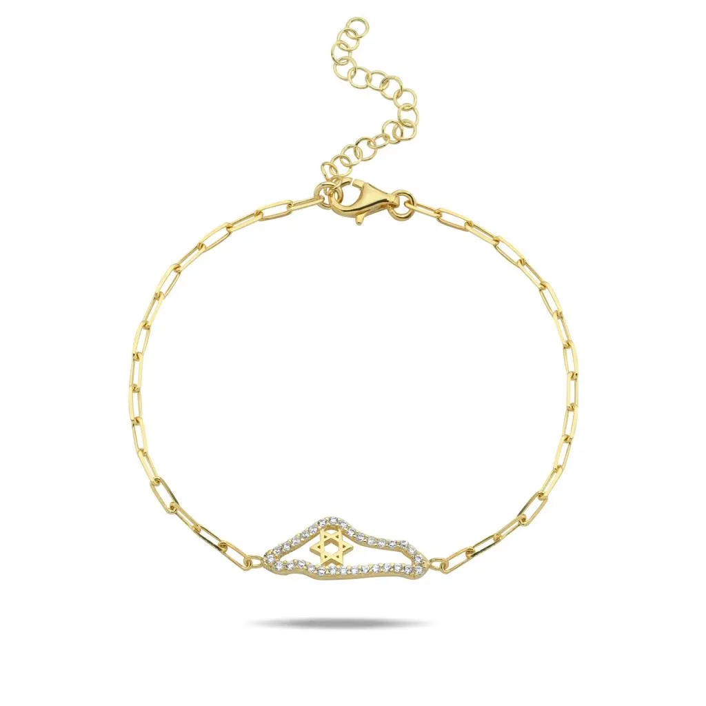 Pave Small Israel Map & Star Paperclip Bracelet