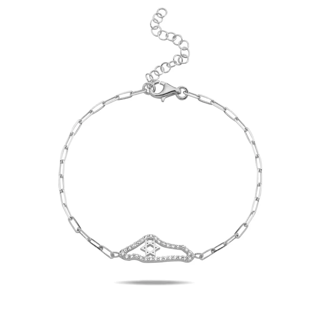 Pave Small Israel Map & Star Paperclip Bracelet