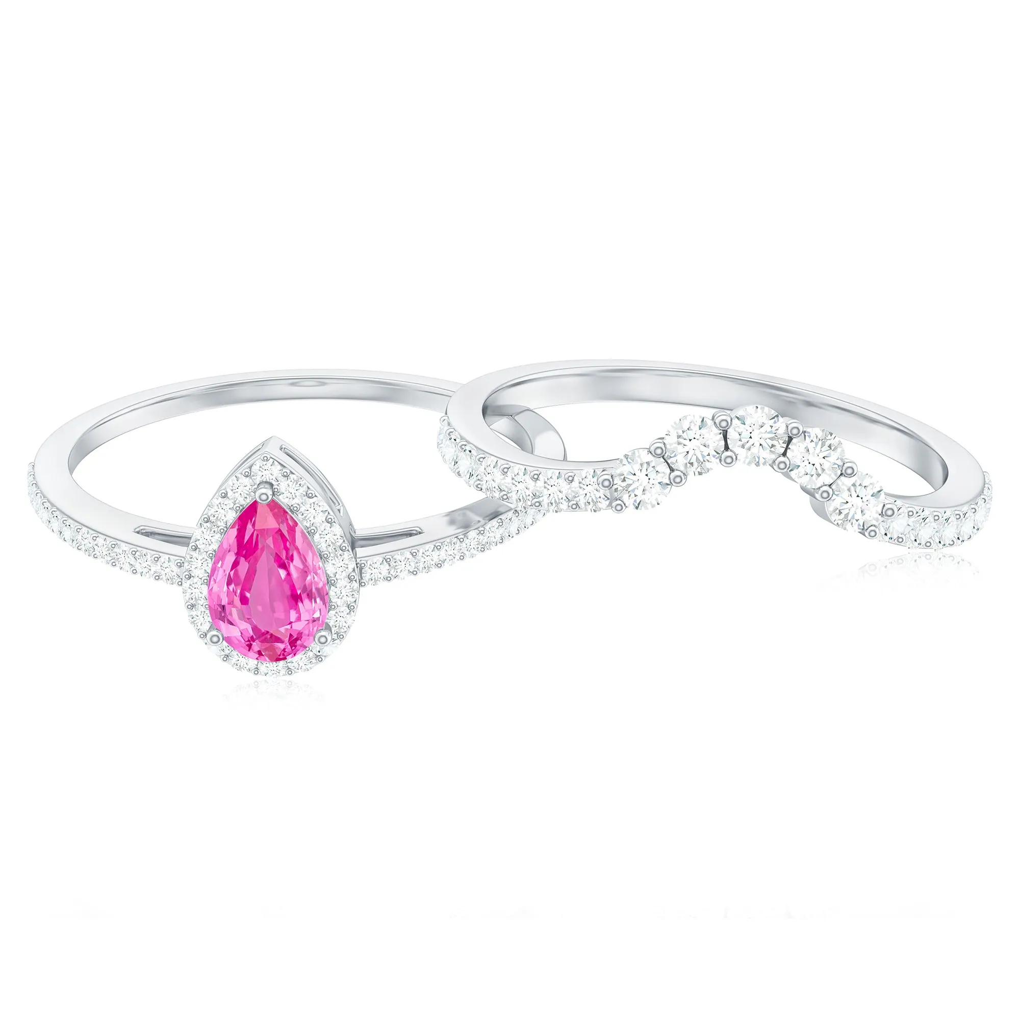 Pear Created Pink Sapphire Teardrop Ring Set with Moissanite Band