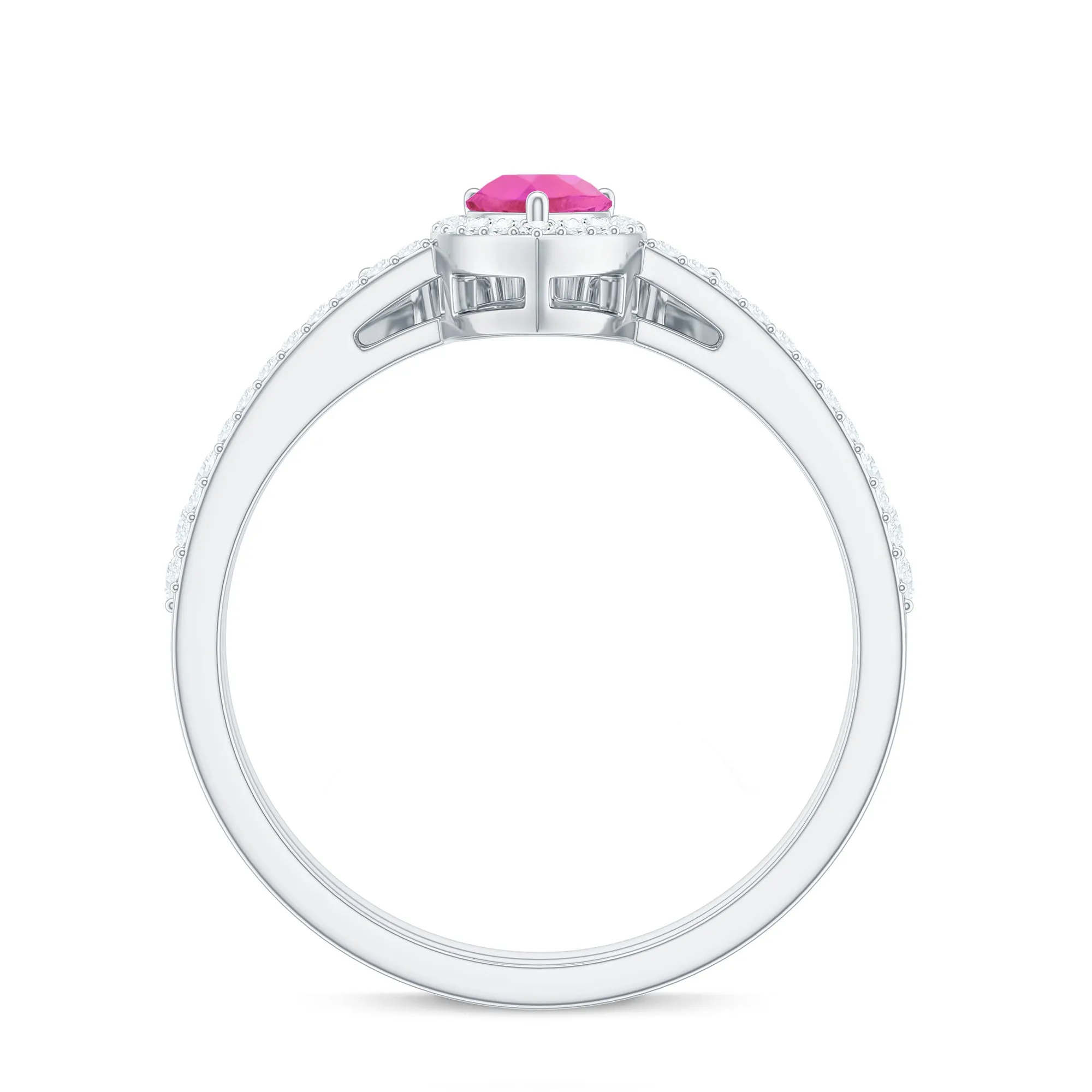 Pear Created Pink Sapphire Teardrop Ring Set with Moissanite Band