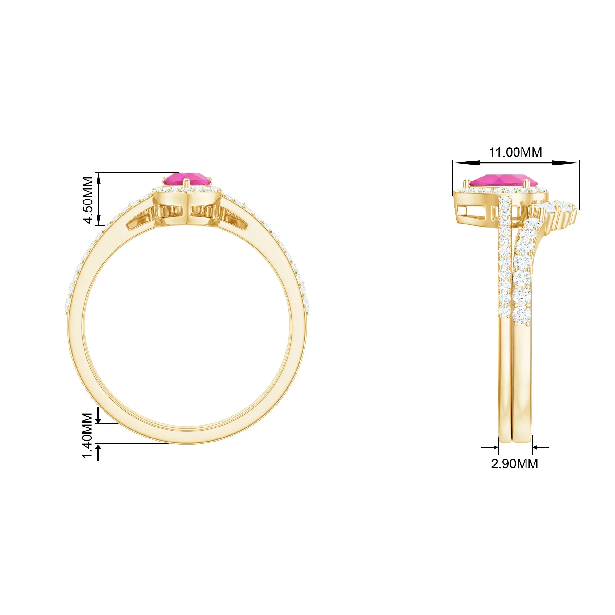 Pear Created Pink Sapphire Teardrop Ring Set with Moissanite Band