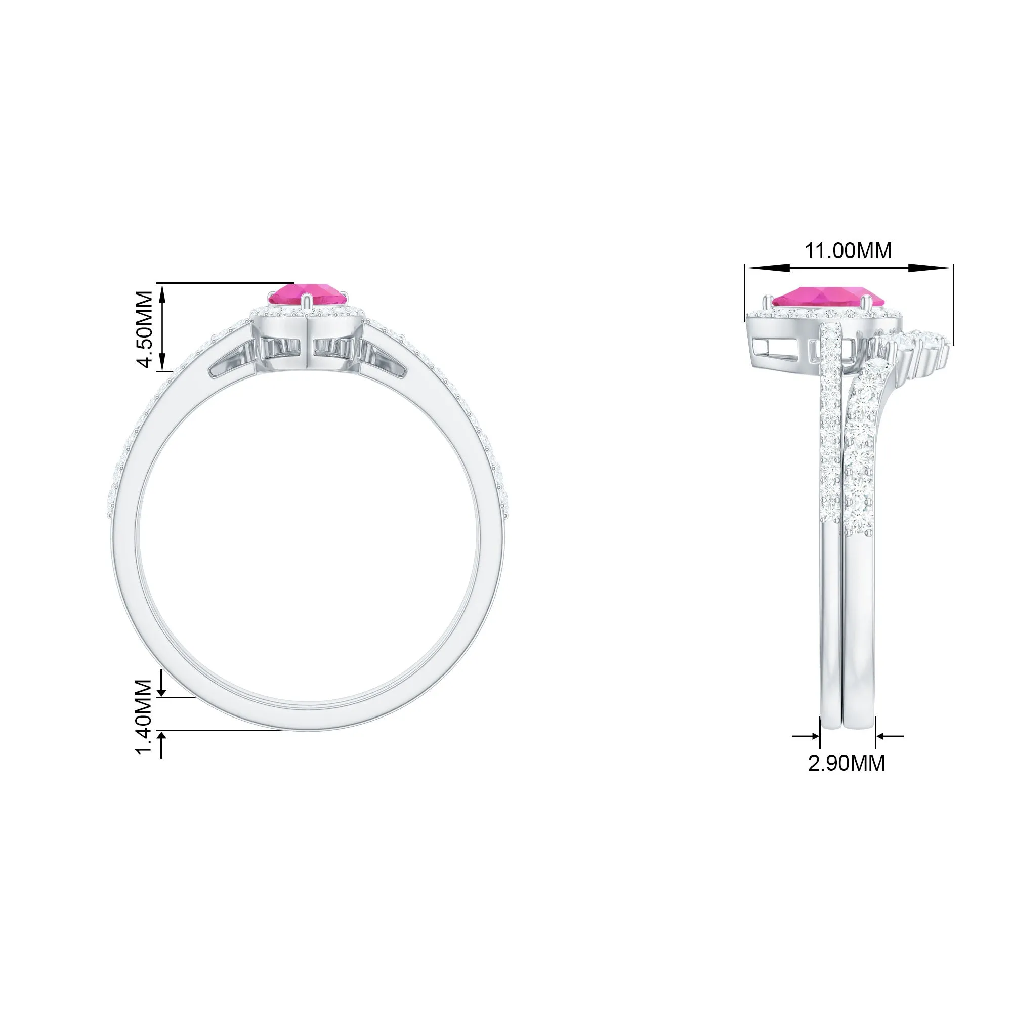 Pear Created Pink Sapphire Teardrop Ring Set with Moissanite Band