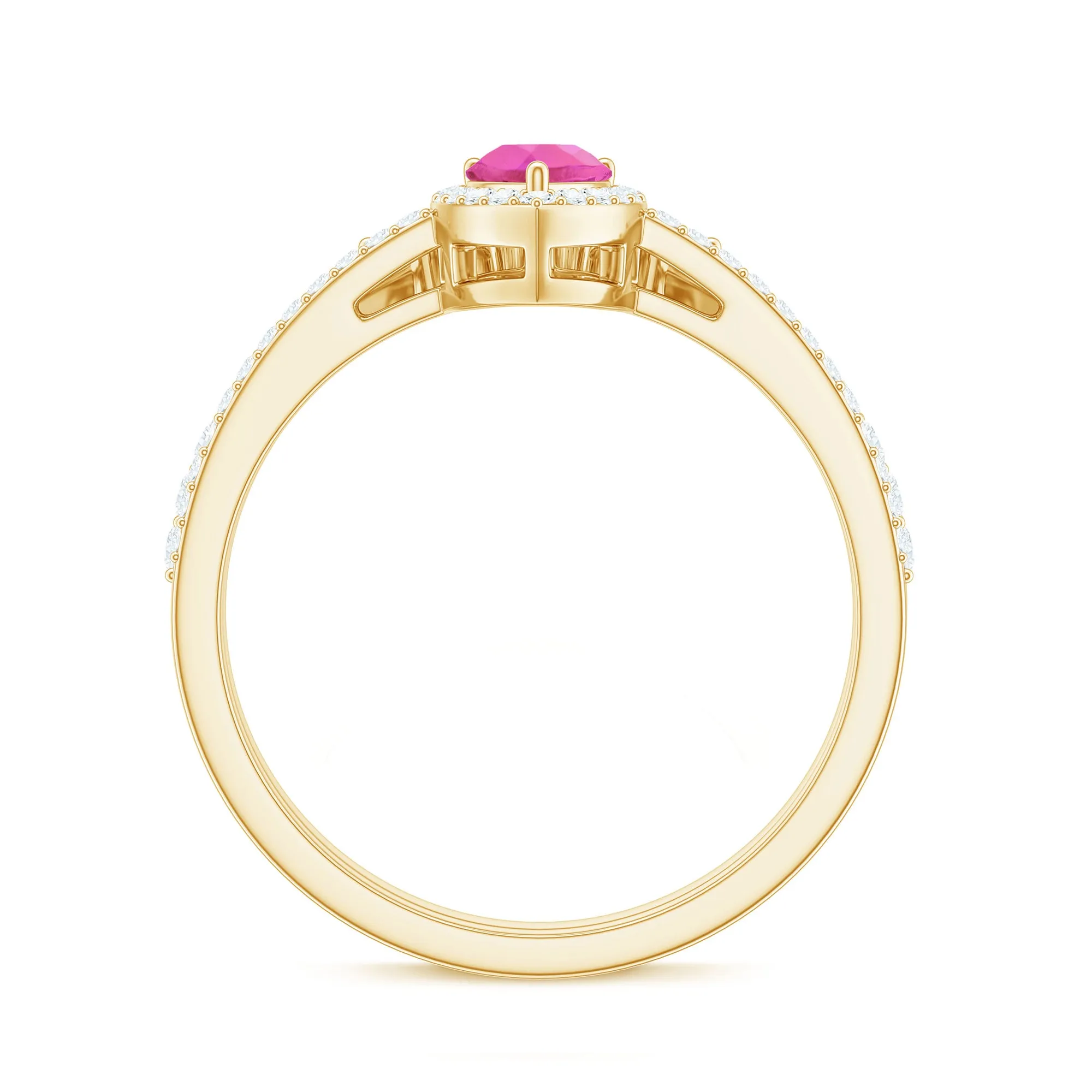 Pear Created Pink Sapphire Teardrop Ring Set with Moissanite Band