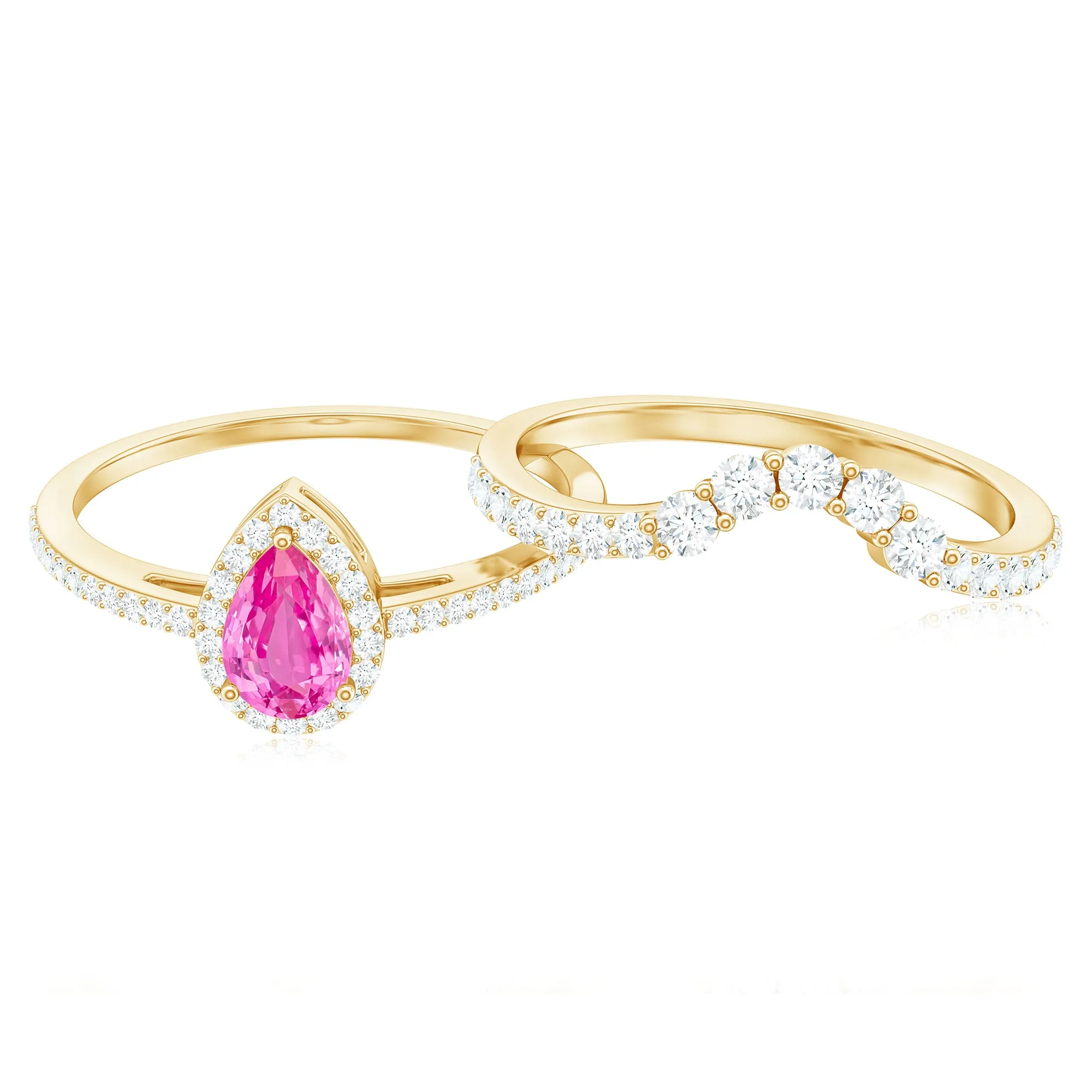 Pear Created Pink Sapphire Teardrop Ring Set with Moissanite Band