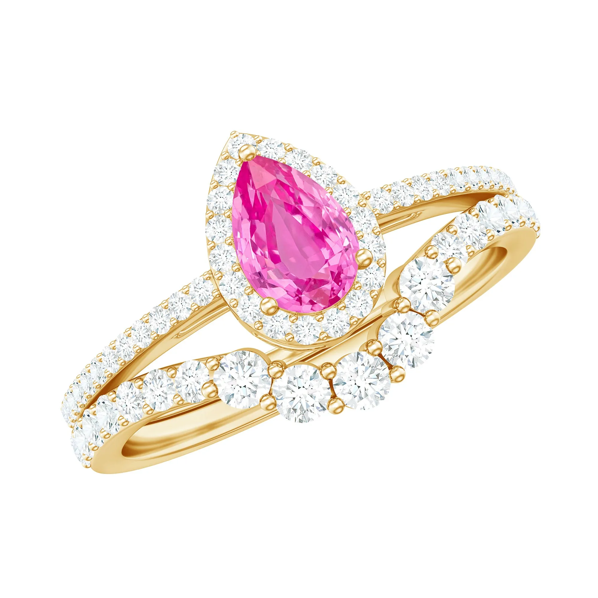 Pear Created Pink Sapphire Teardrop Ring Set with Moissanite Band