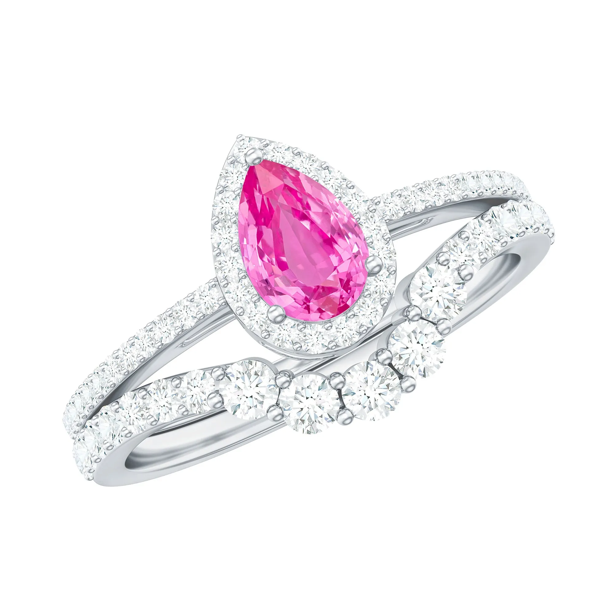 Pear Created Pink Sapphire Teardrop Ring Set with Moissanite Band