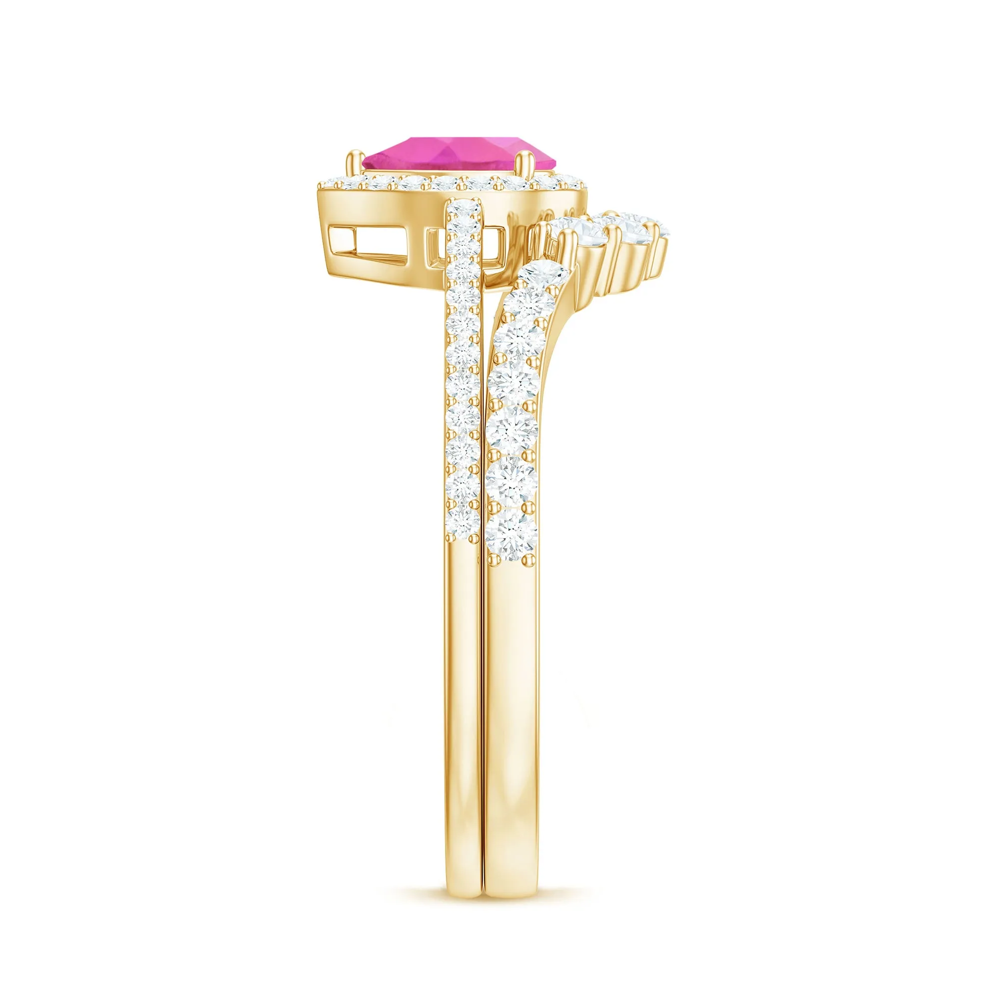 Pear Created Pink Sapphire Teardrop Ring Set with Moissanite Band