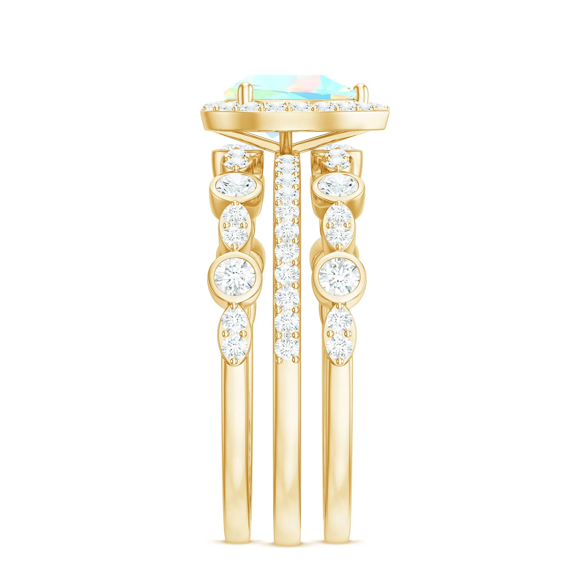 Pear Cut Ethiopian Opal Bridal Trio Ring Set with Moissanite Band