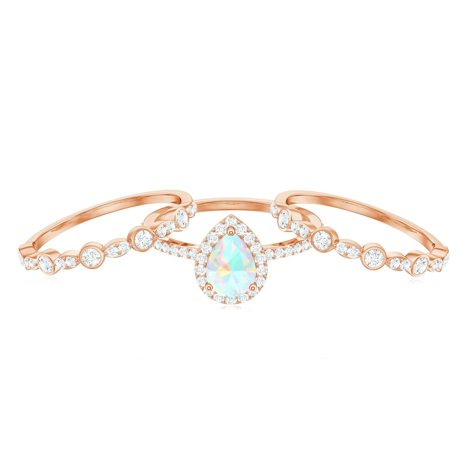 Pear Cut Ethiopian Opal Bridal Trio Ring Set with Moissanite Band