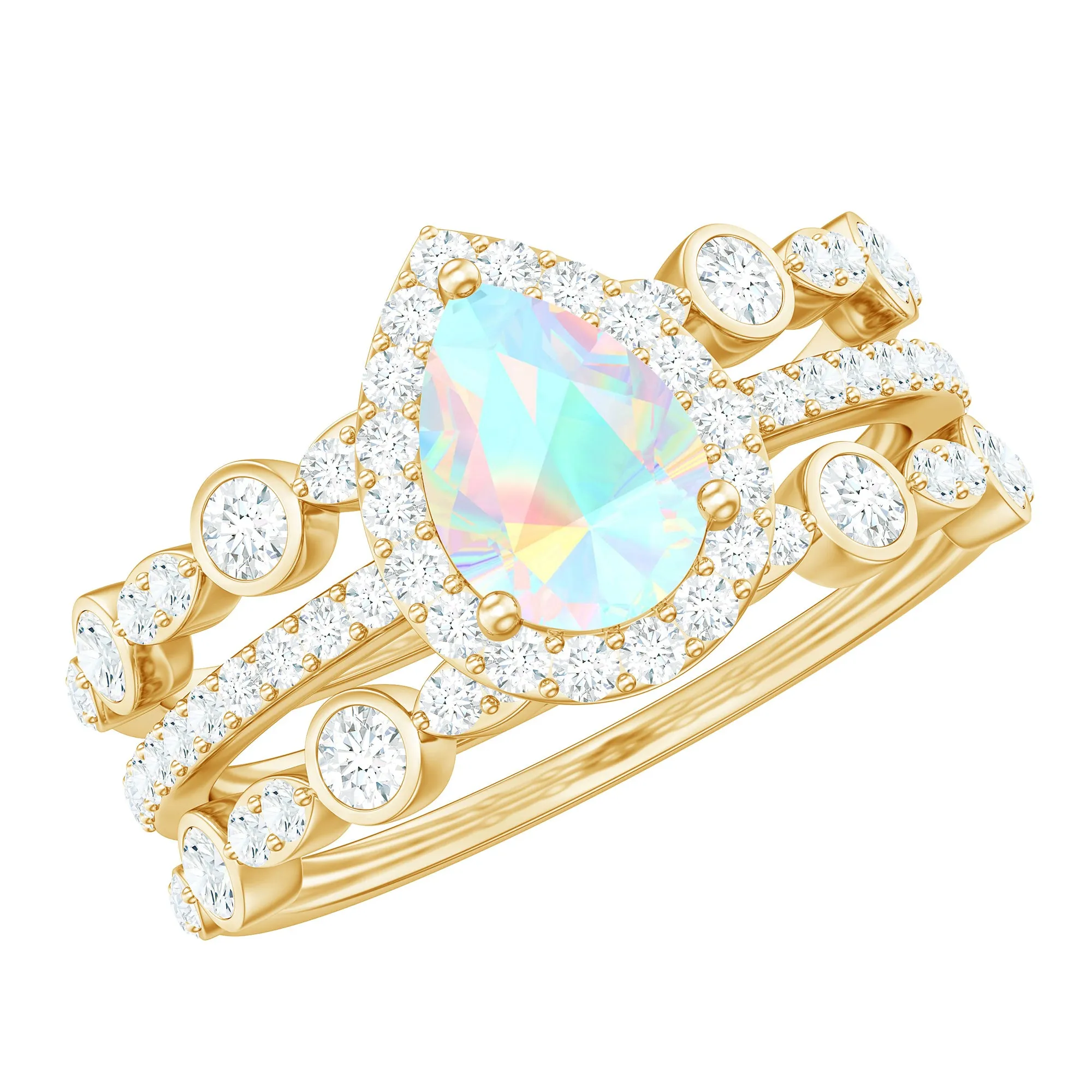 Pear Cut Ethiopian Opal Bridal Trio Ring Set with Moissanite Band