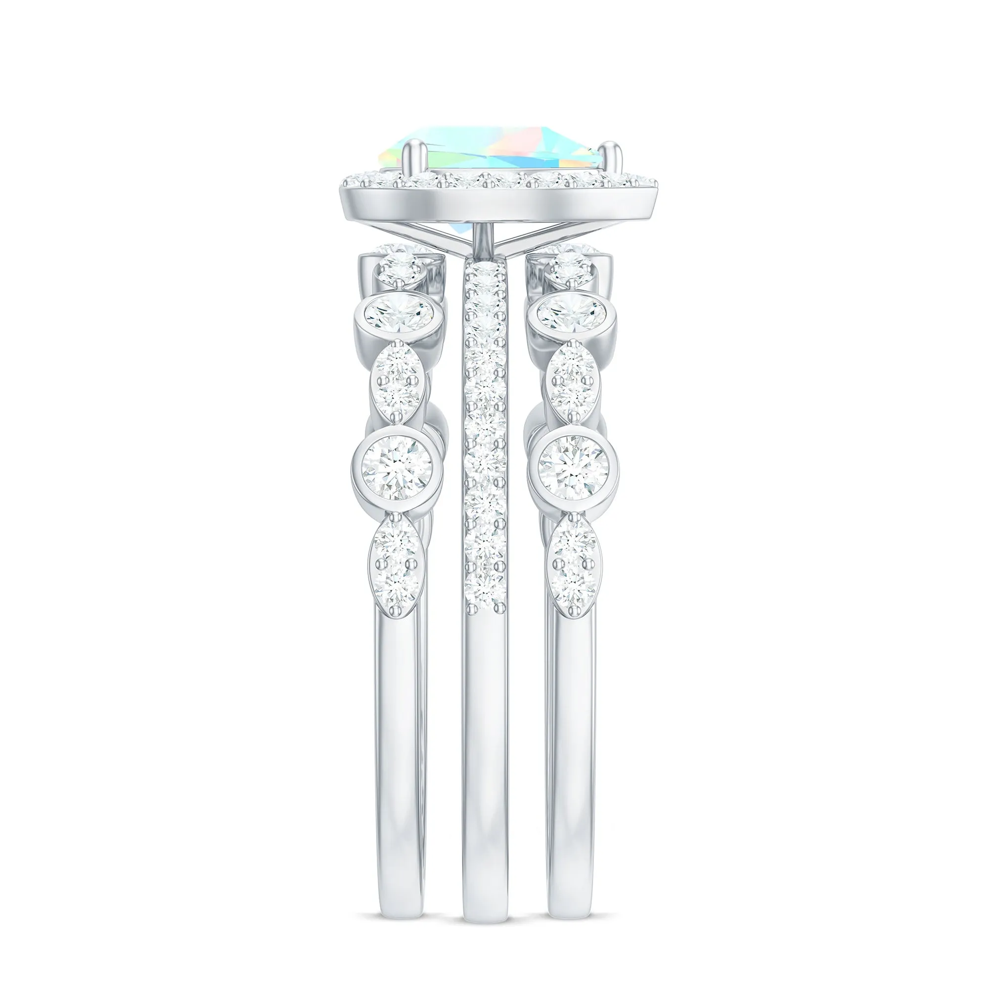 Pear Cut Ethiopian Opal Bridal Trio Ring Set with Moissanite Band