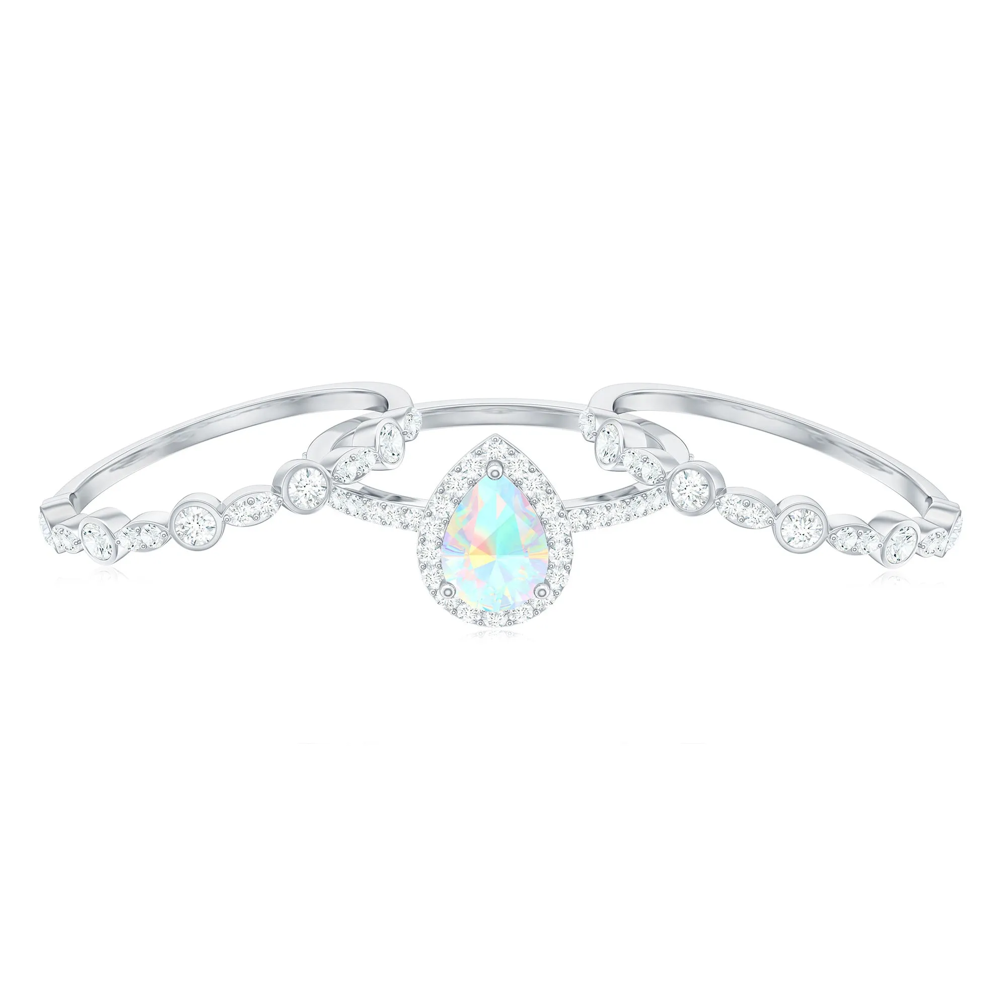Pear Cut Ethiopian Opal Bridal Trio Ring Set with Moissanite Band