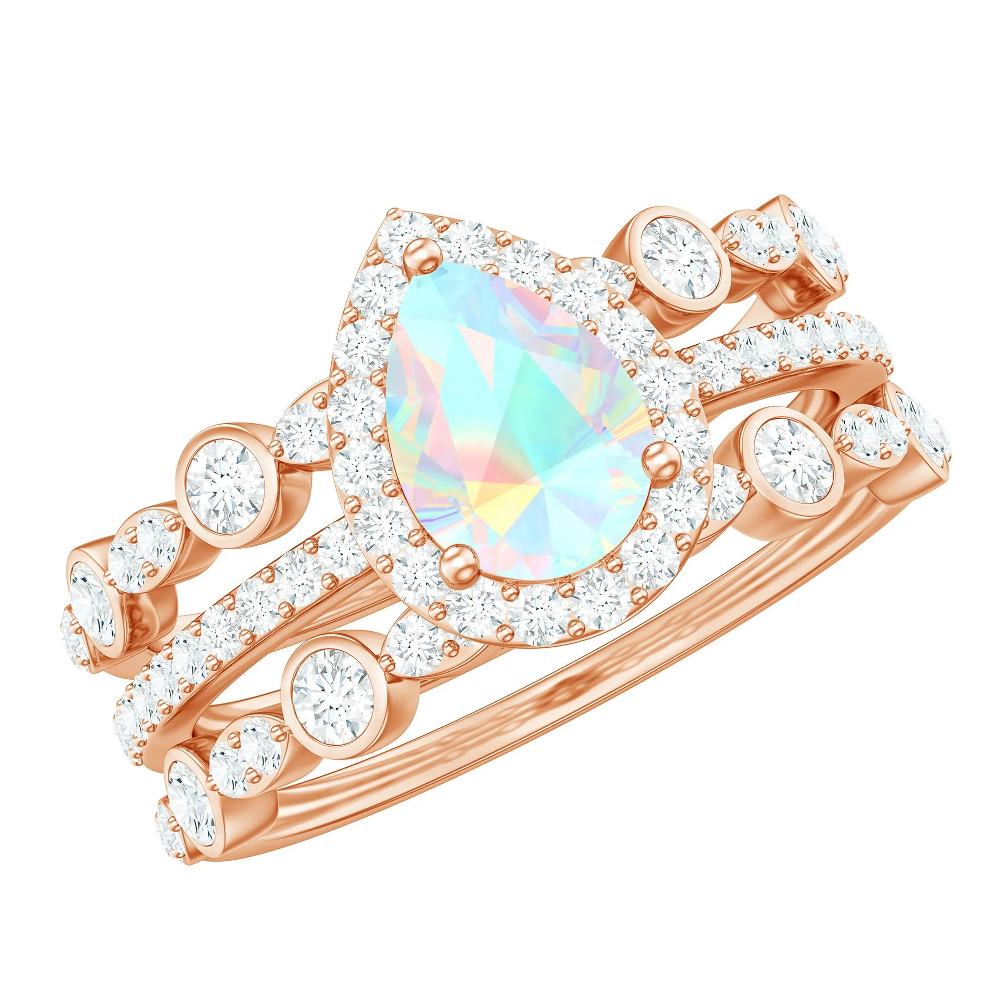 Pear Cut Ethiopian Opal Bridal Trio Ring Set with Moissanite Band