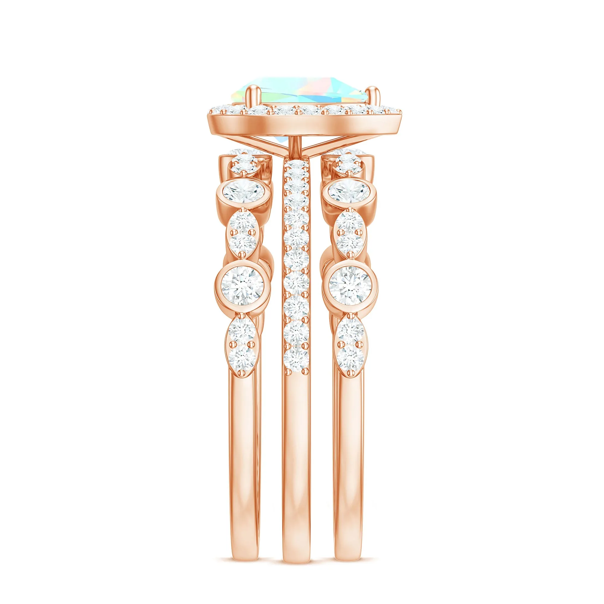 Pear Cut Ethiopian Opal Bridal Trio Ring Set with Moissanite Band